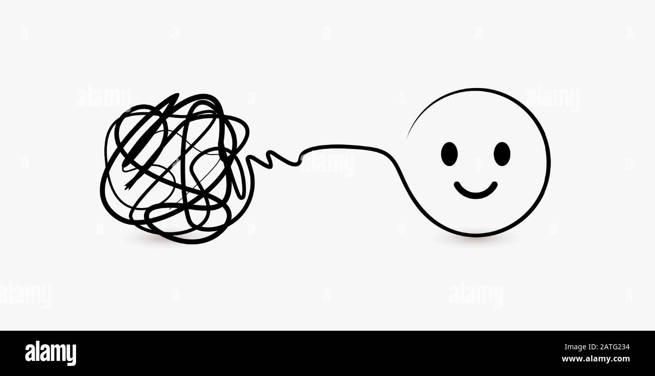 Dodle symbole de tâche difficile et complexe, clew de fil et symbole de résolution de problème de cercle avec visage souriant, résolution de tâche compliquée, vecteur Illustration de Vecteur