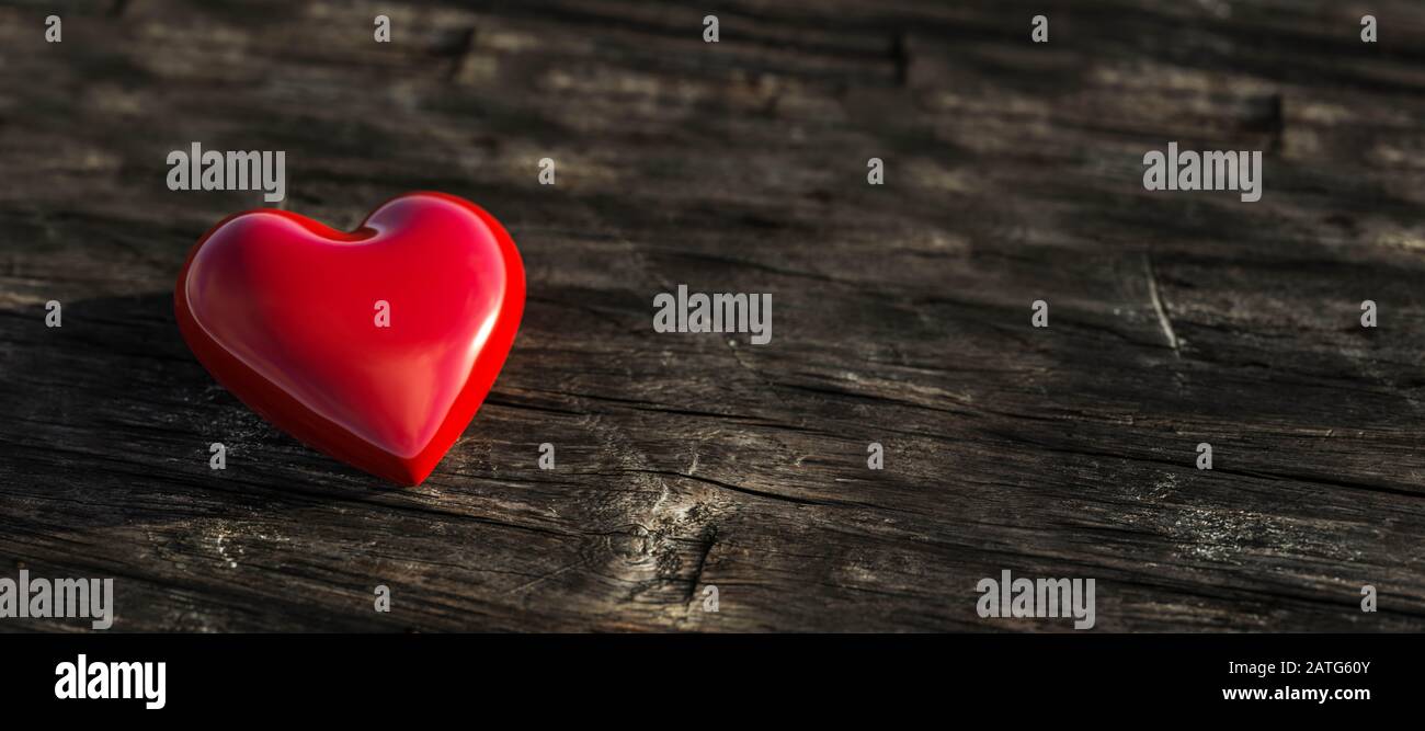coeur brillant en pierre rouge sur fond en bois dans le concept d'éclairage de l'aube pour l'amour de l'illustration tridimensionnelle Banque D'Images