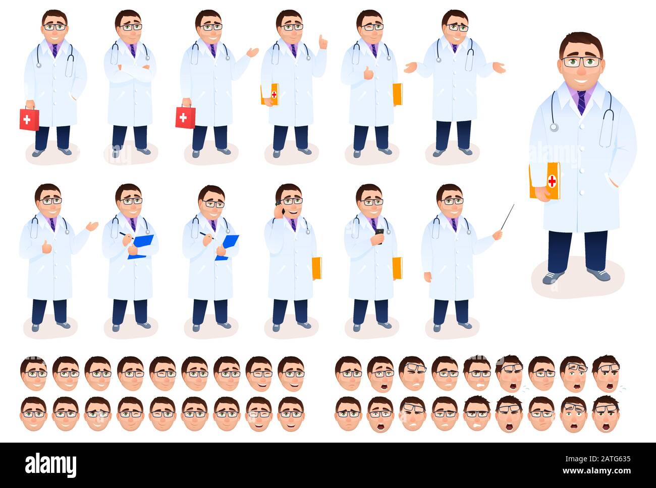 Jeu de caractères médecin mâles plats sur fond blanc. Personnel médical dans un manteau de laboratoire avec stéthoscope, trousse de premiers soins, expressions du visage d'émotion. Guérir Illustration de Vecteur Jeu de caractères médecin mâles plats sur fond blanc. Personnel médical dans un manteau de laboratoire avec stéthoscope, trousse de premiers soins, expressions du visage d'émotion. Guérir Illustration de Vecteur