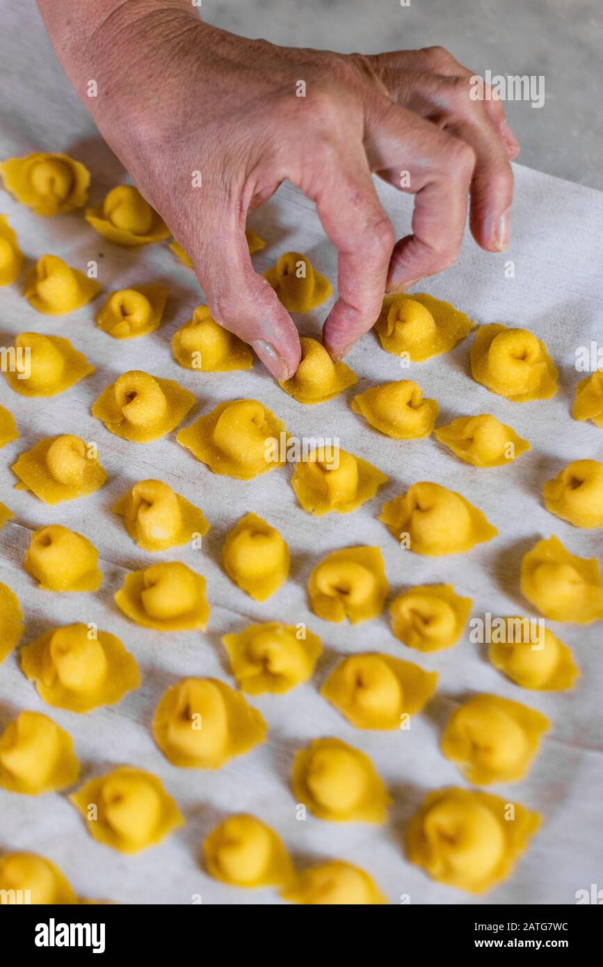 Femme italienne faisant maison tortellini Banque D'Images