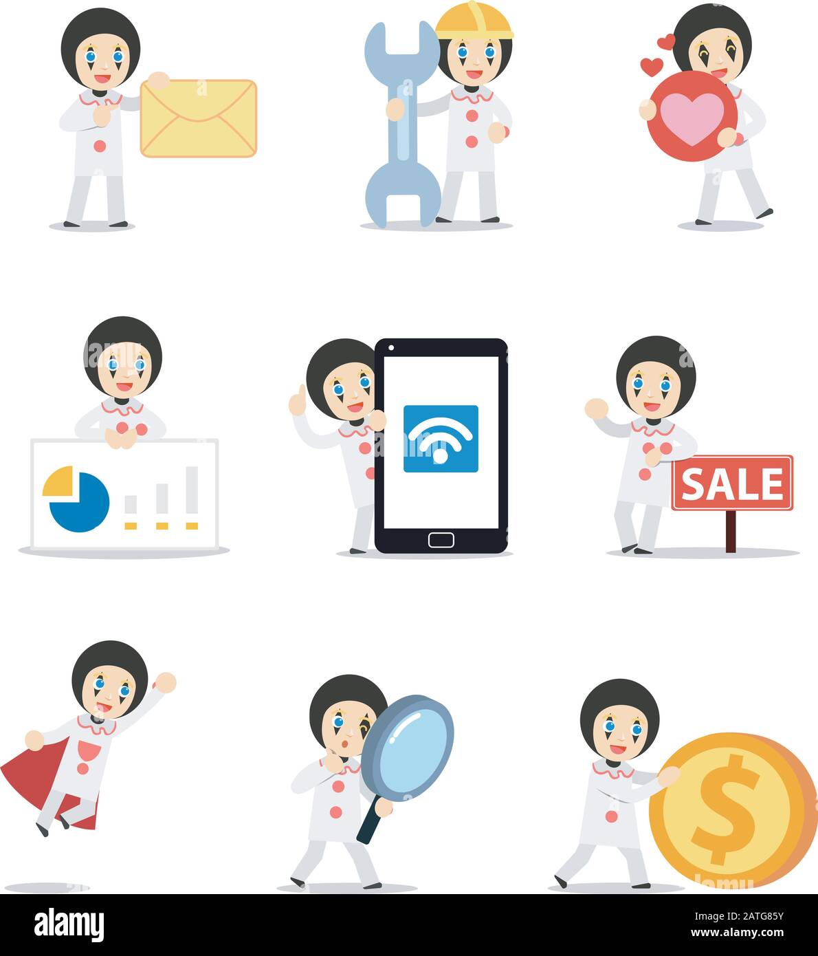 Jeu de personnages de l'homme Pierrot cirus show dans l'événement de carnaval. Illustration de Vecteur