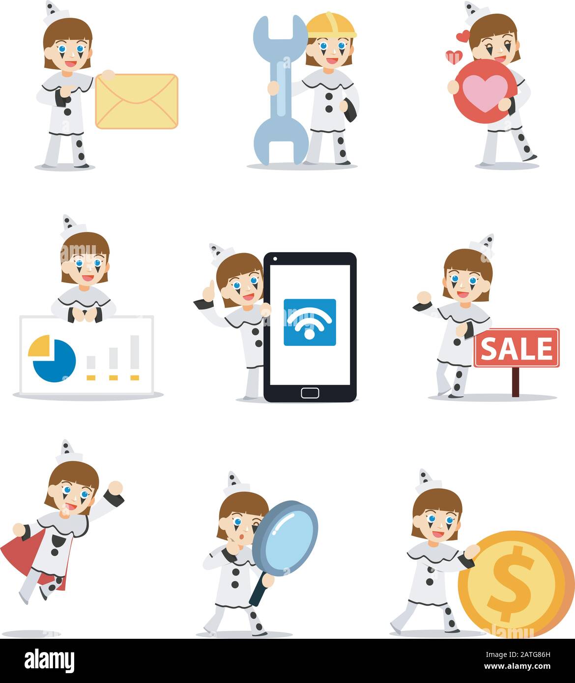 Jeu de femmes de caractère Pierrot dans un spectacle musical de comédie. Illustration de Vecteur