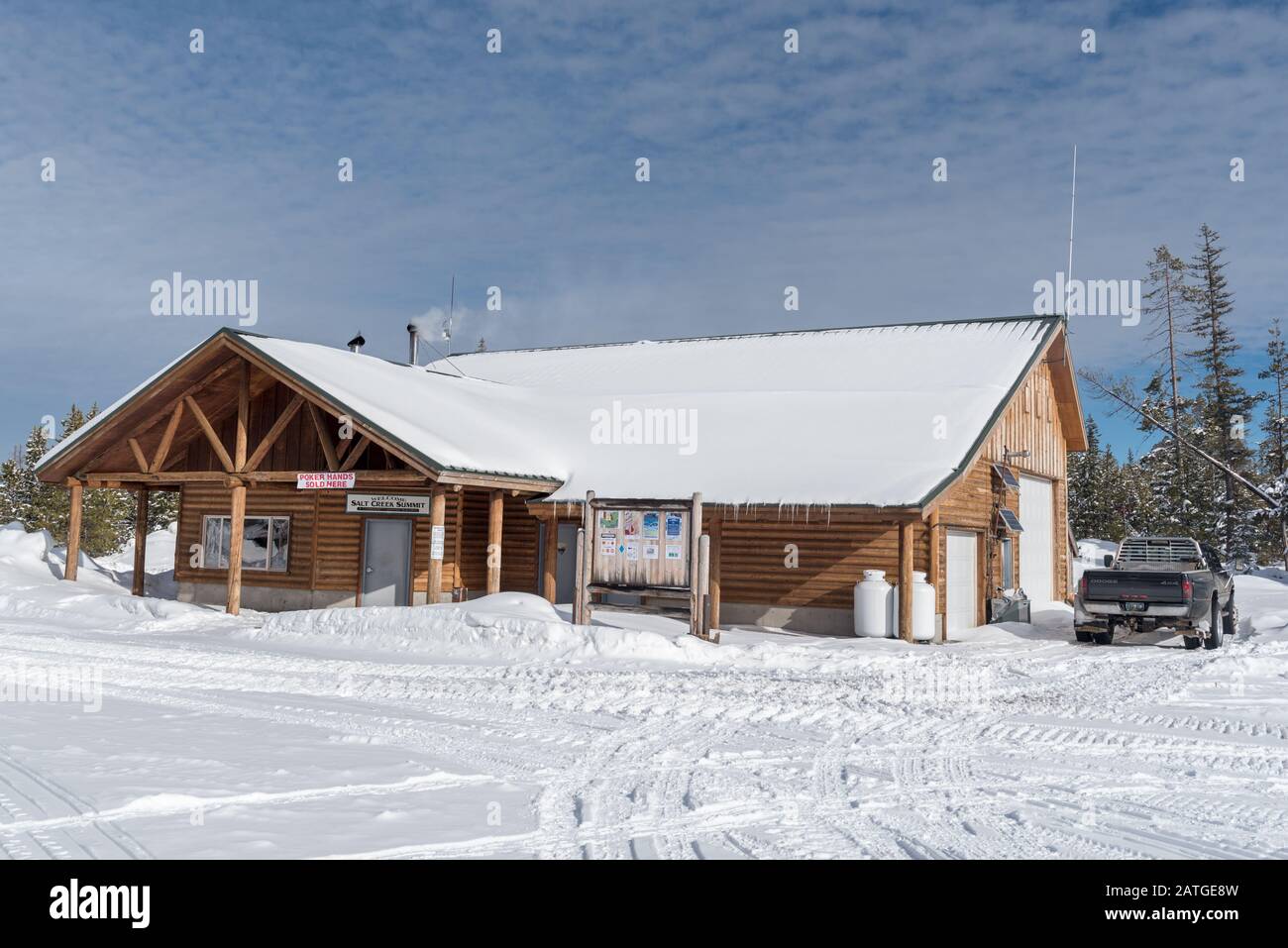 Bâtiment d'entretien d'hiver à Salt Creek Summit Sno-Park, Wallowa-Whitman National Forest, Oregon. Banque D'Images