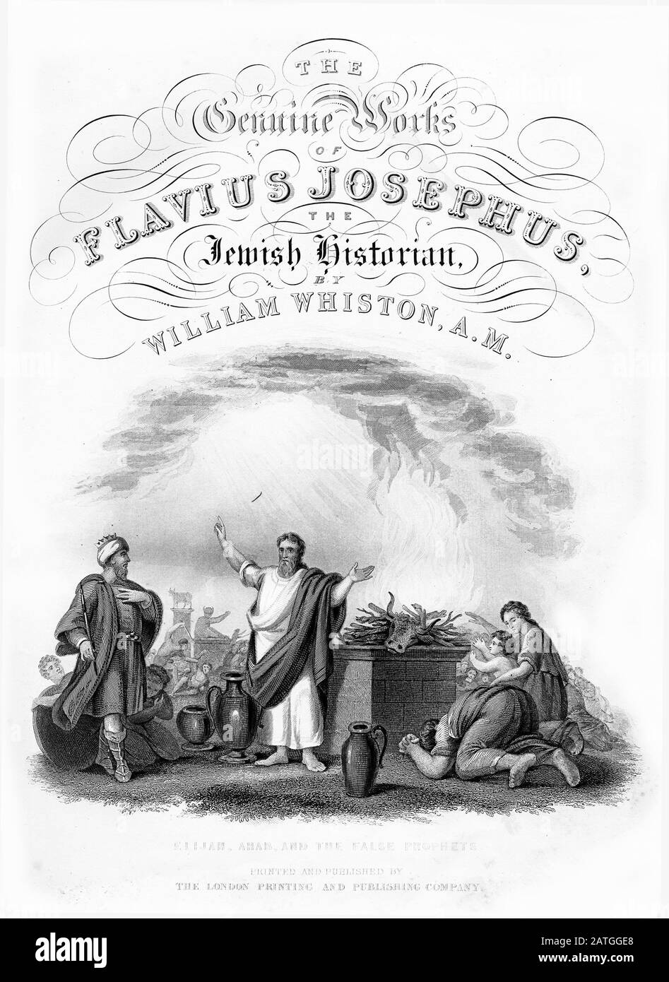 Page de titre d'une édition de Josephus avec Élie et les prophètes de Baal, imprimée dans les années 1800. Banque D'Images