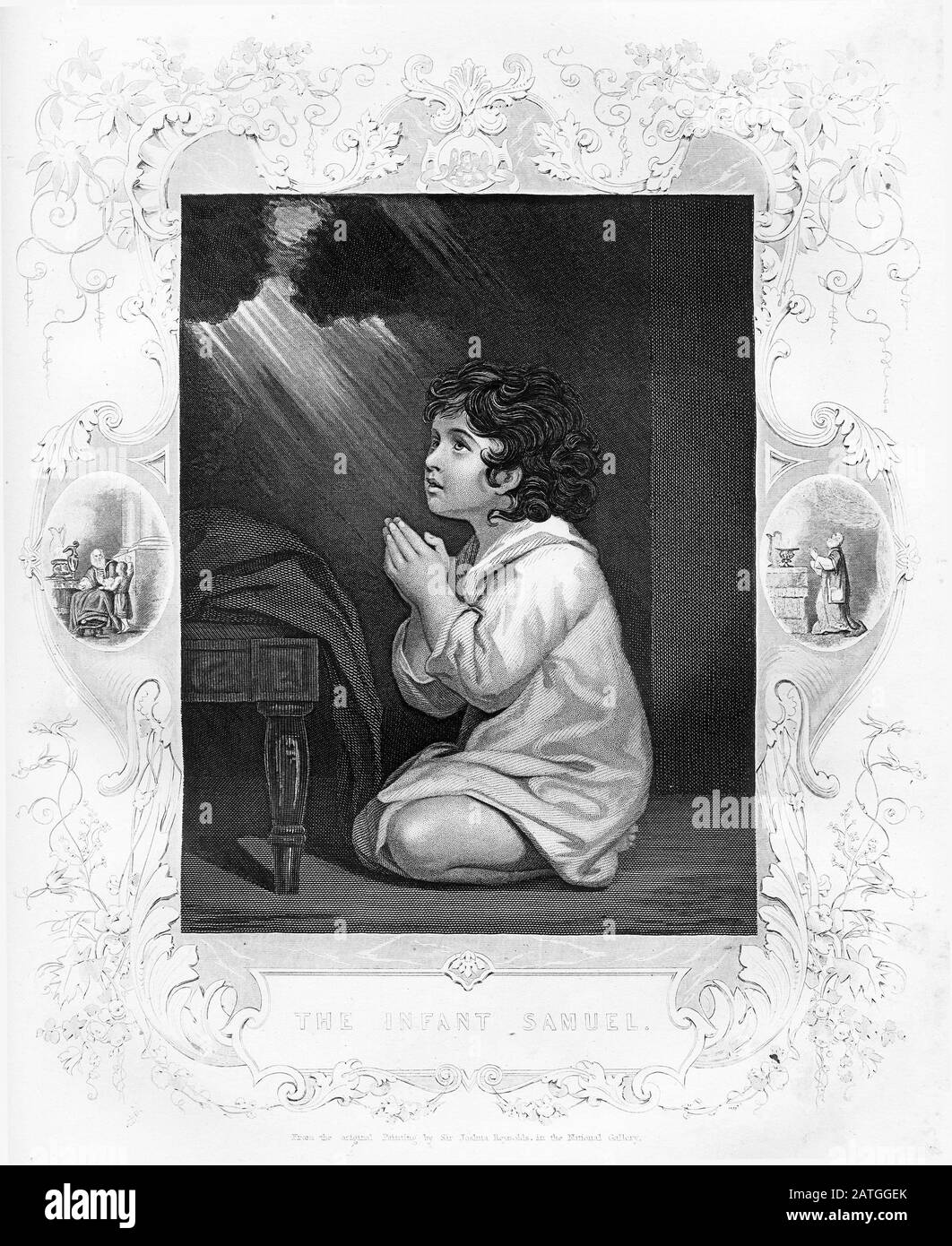 Gravure du prophète du nourrisson Samuel à la prière. D'une édition de Josephus, imprimée dans les années 1800. Banque D'Images