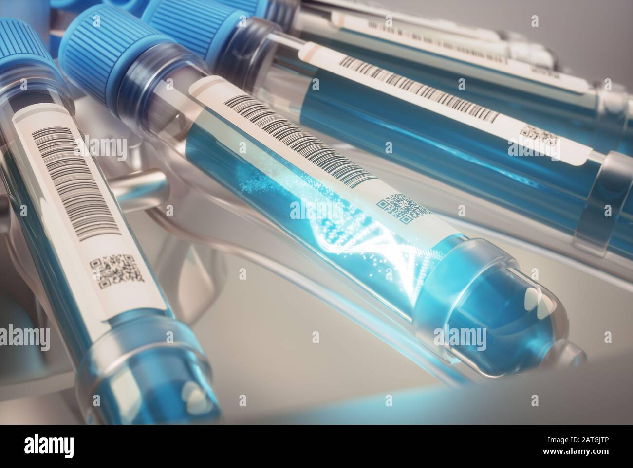 Molécule d'ADN formant à l'intérieur du tube à essai. Illustration tridimensionnelle, image conceptuelle de la science et de la technologie. Banque D'Images