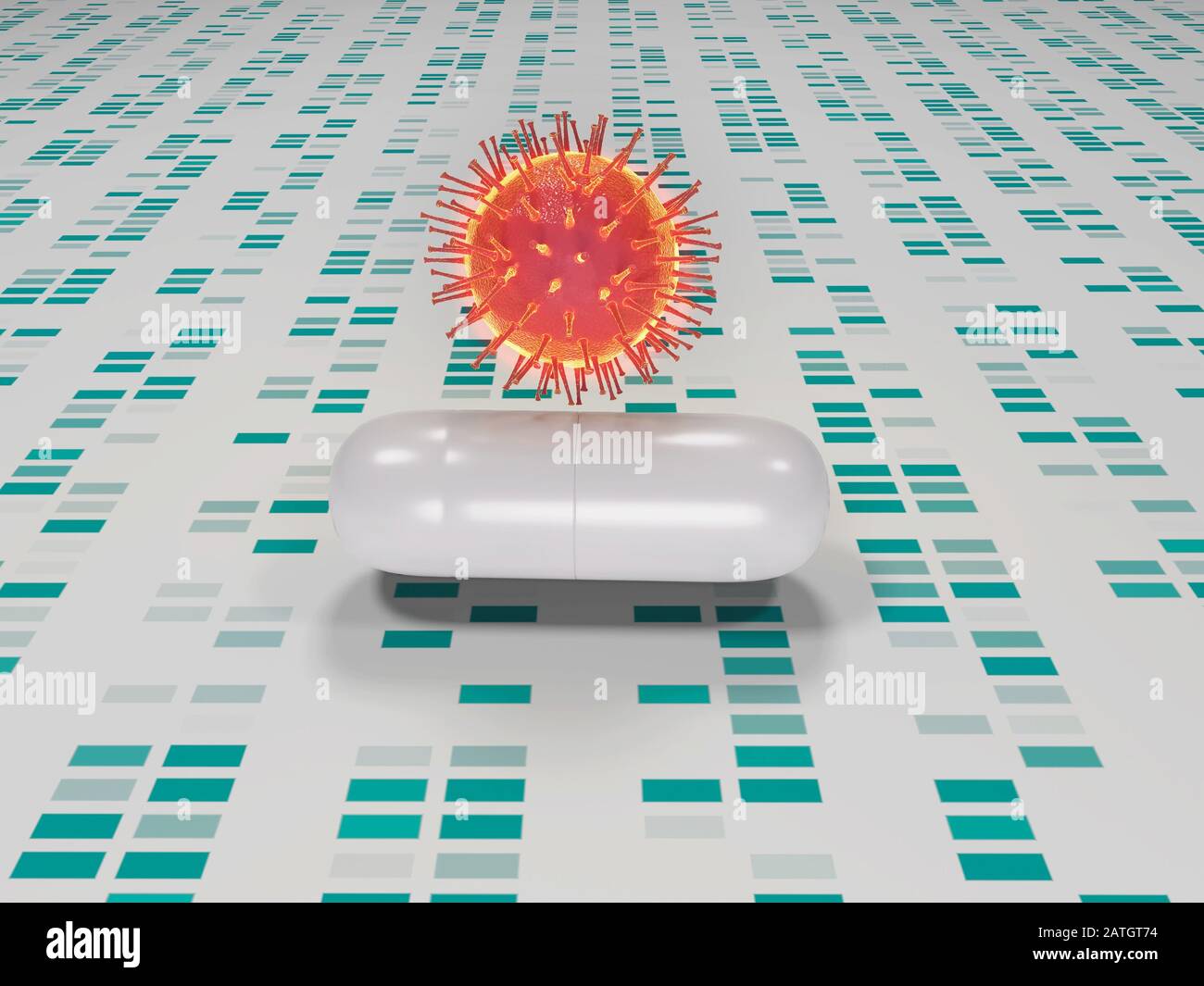 Virus plantant sur la pilule, qui se trouve sur la surface avec l'aspect technique Banque D'Images