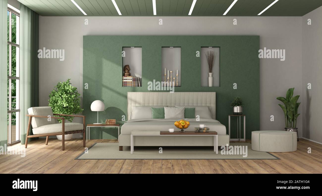 Chambre principale élégante blanche et verte avec lit double contre le mur avec niche - rendu tridimensionnel Banque D'Images