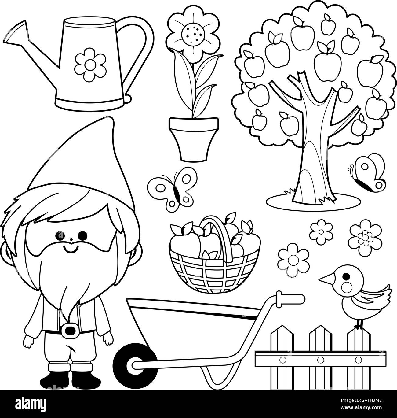 Collection d'illustrations de jardinage avec gnome de jardin. Page de livre de coloriage noir et blanc vectoriel Illustration de Vecteur