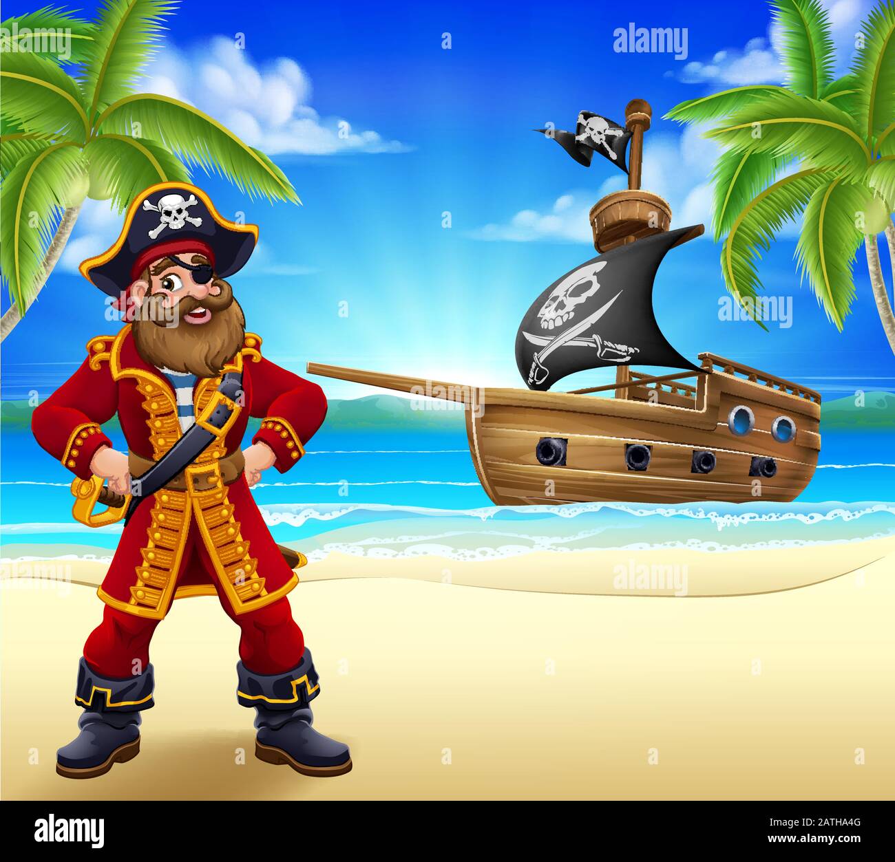 Pirate Captain Beach Ship Cartoon Contexte Illustration de Vecteur