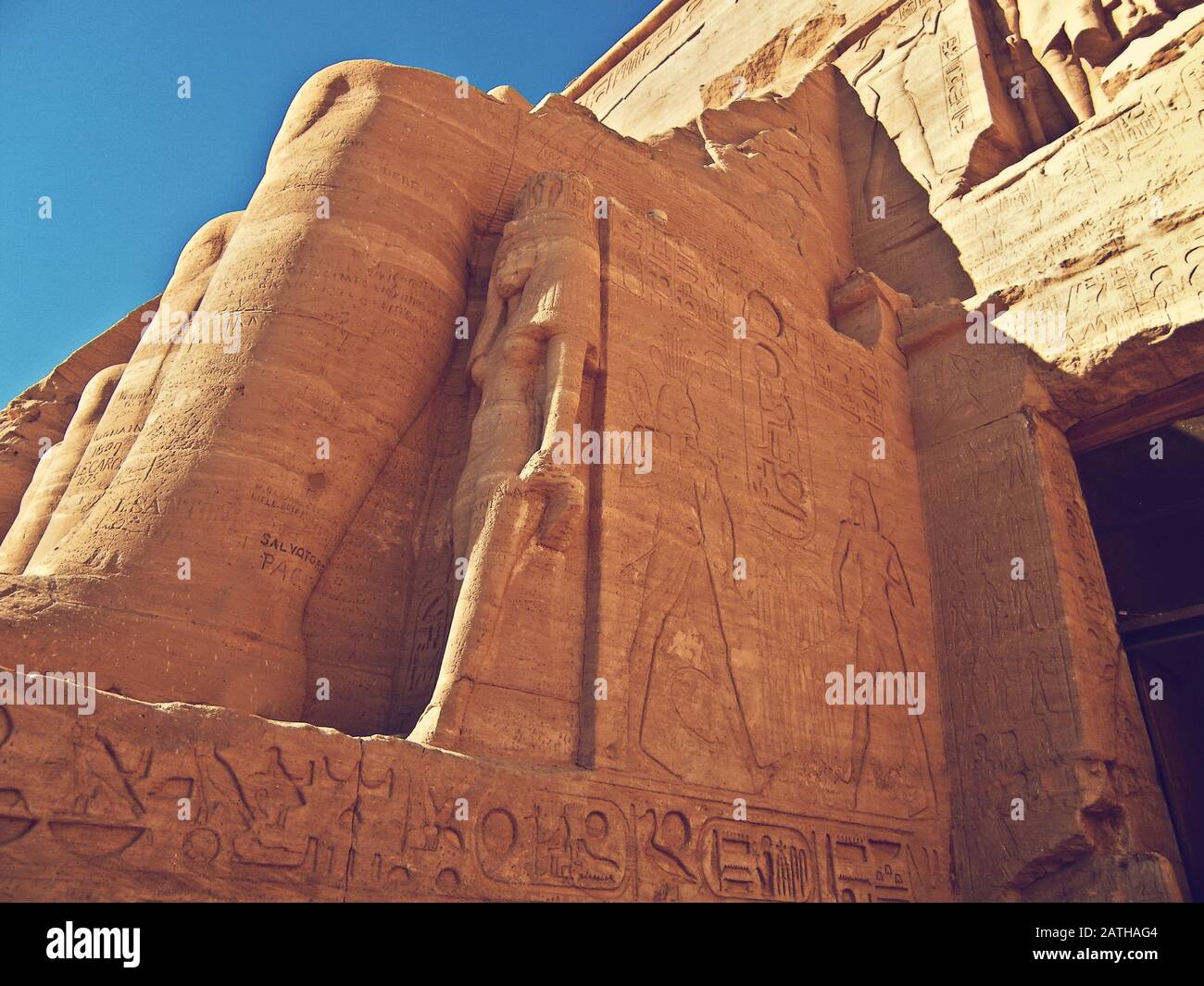 Détail du Grand Temple de Ramesses II, Abu Simbel, Egypte Banque D'Images