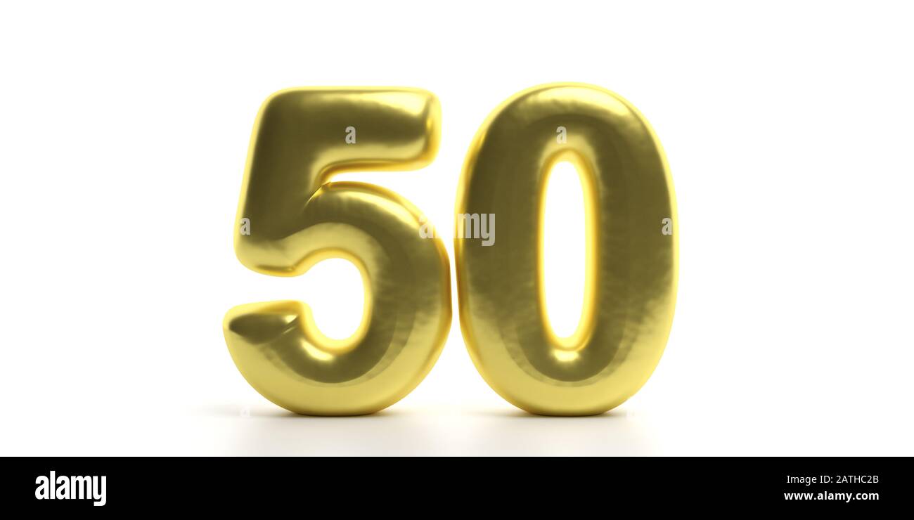 50 Cinquante chiffres. Ballon brillant, brillant et doré de 50 chiffres isolé sur fond blanc. Anniversaire de l'or. illustration tridimensionnelle Banque D'Images