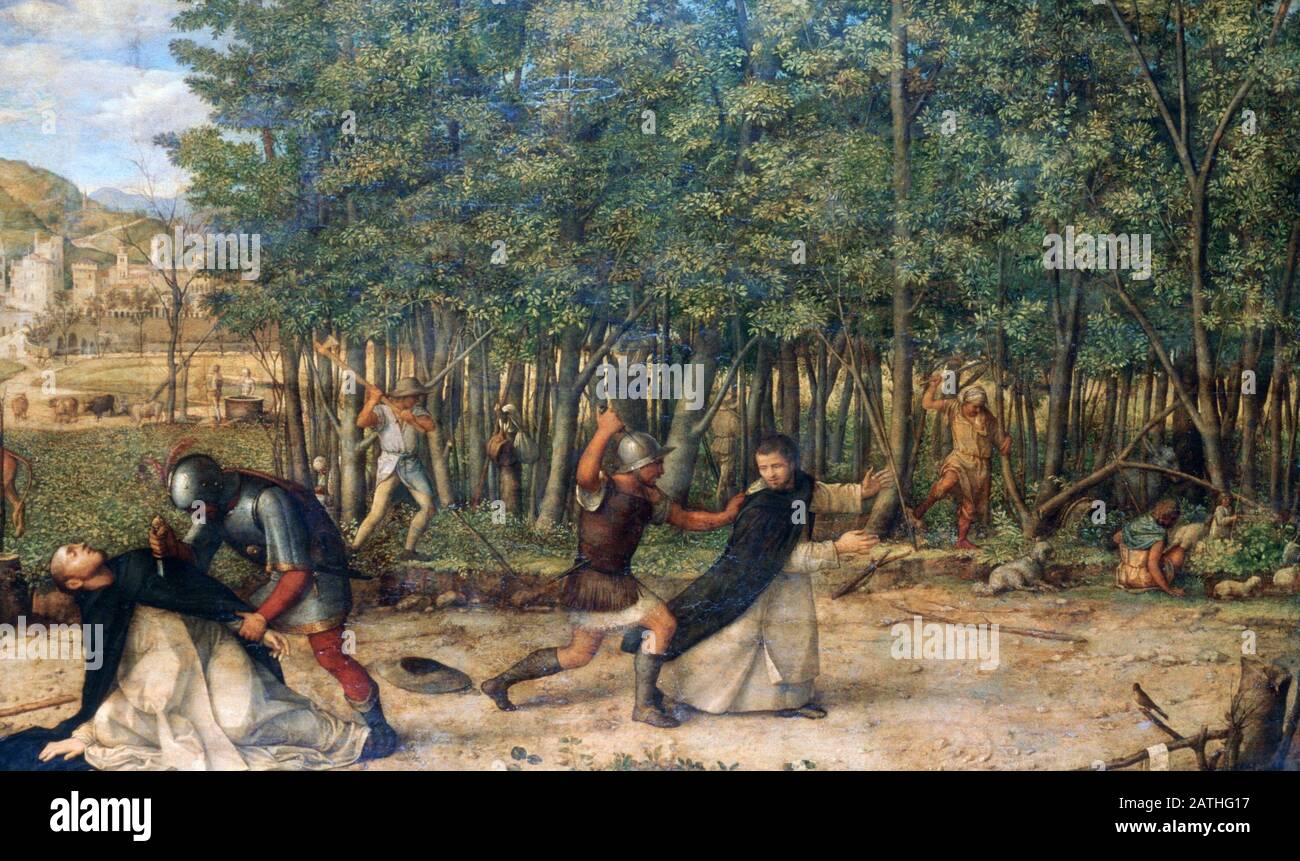 Giovanni Bellini école italienne L'Assassinat de Saint Peter Martyr Vers 1505-1507 huile sur panneau (99,7 x 165,1 cm) Londres, National Gallery Banque D'Images