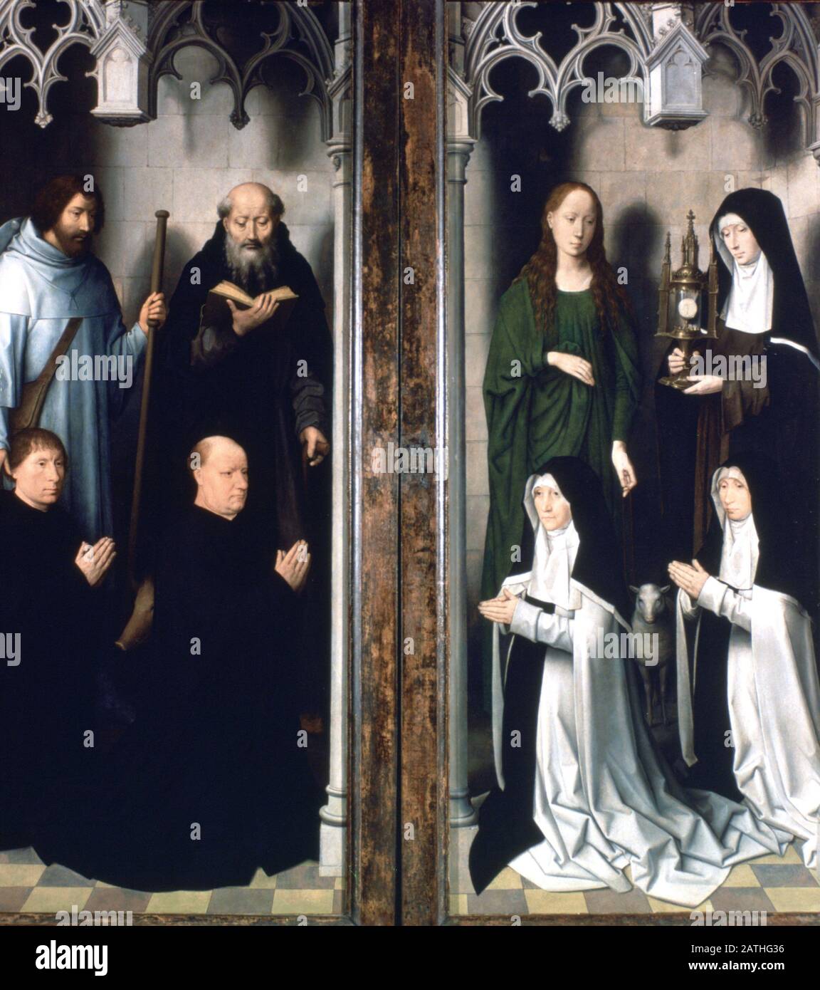 Triptyque de St Jean le Baptiste et de St Jean l'évangéliste, 1479. Détail Obturateur, Hôpital Saint Jean, Bruges. Banque D'Images