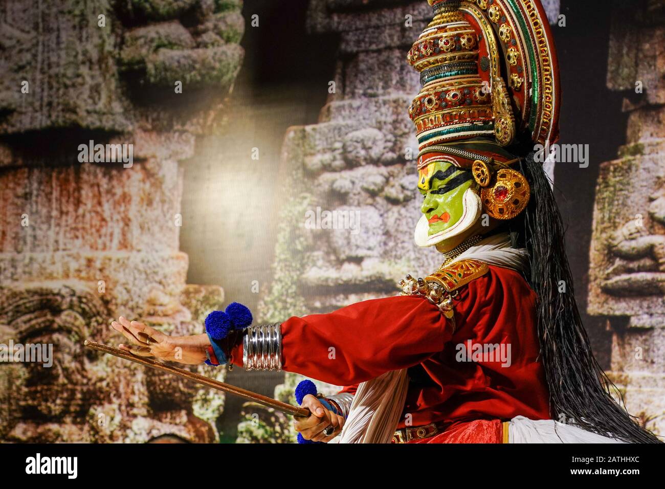 Une performance de Narakasuravadham. D'une série de photos de voyage à Kerala, en Inde du Sud. Date De La Photo : Vendredi 17 Janvier 2020. Photo: Roger Garfield/ Banque D'Images