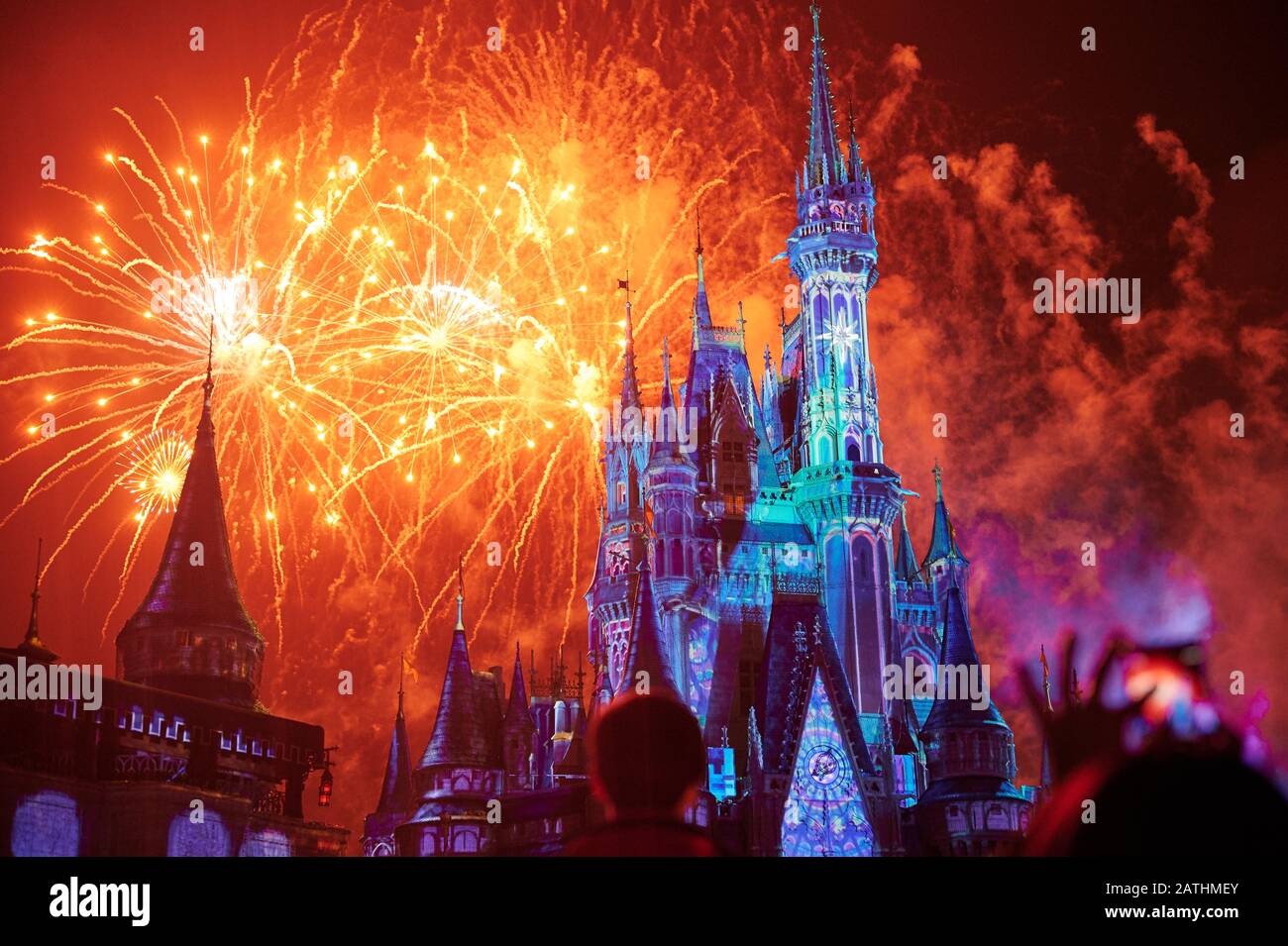 Orlando, États-Unis - 19 janvier 2020: Les gens prennent des photos de feu dans le château magique de disney Banque D'Images
