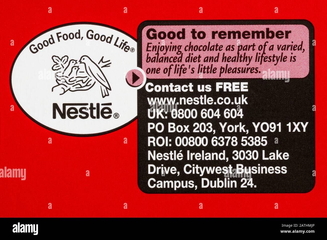 Bon à retenir - détail sur la boîte de Nestle KitKat choix chunky - Bonne nourriture bonne vie Banque D'Images