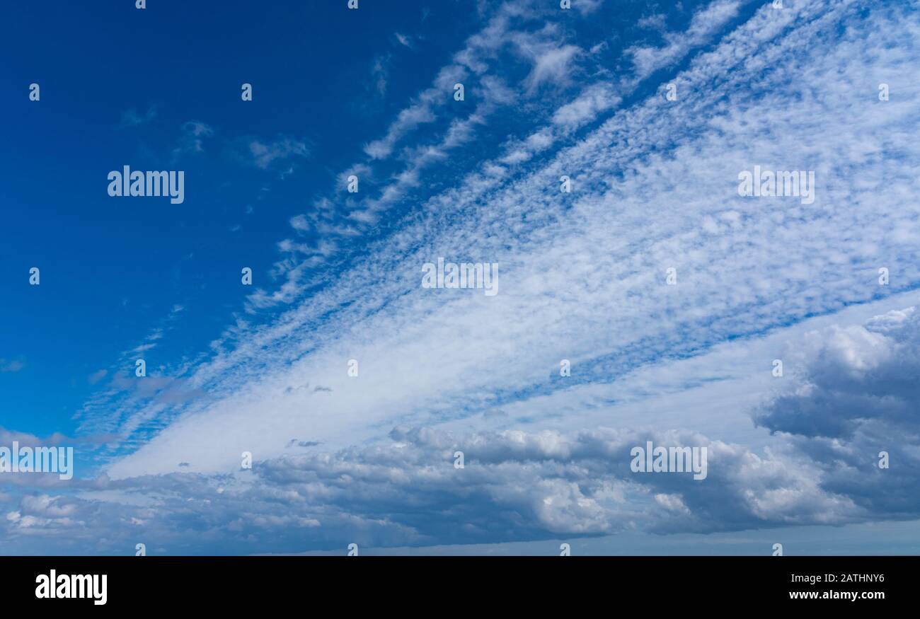 Formation de nuages blancs croustillants contre un ciel bleu vif. Perry Green, Beaucoup Hadham, Hertfordshire. ROYAUME-UNI Banque D'Images