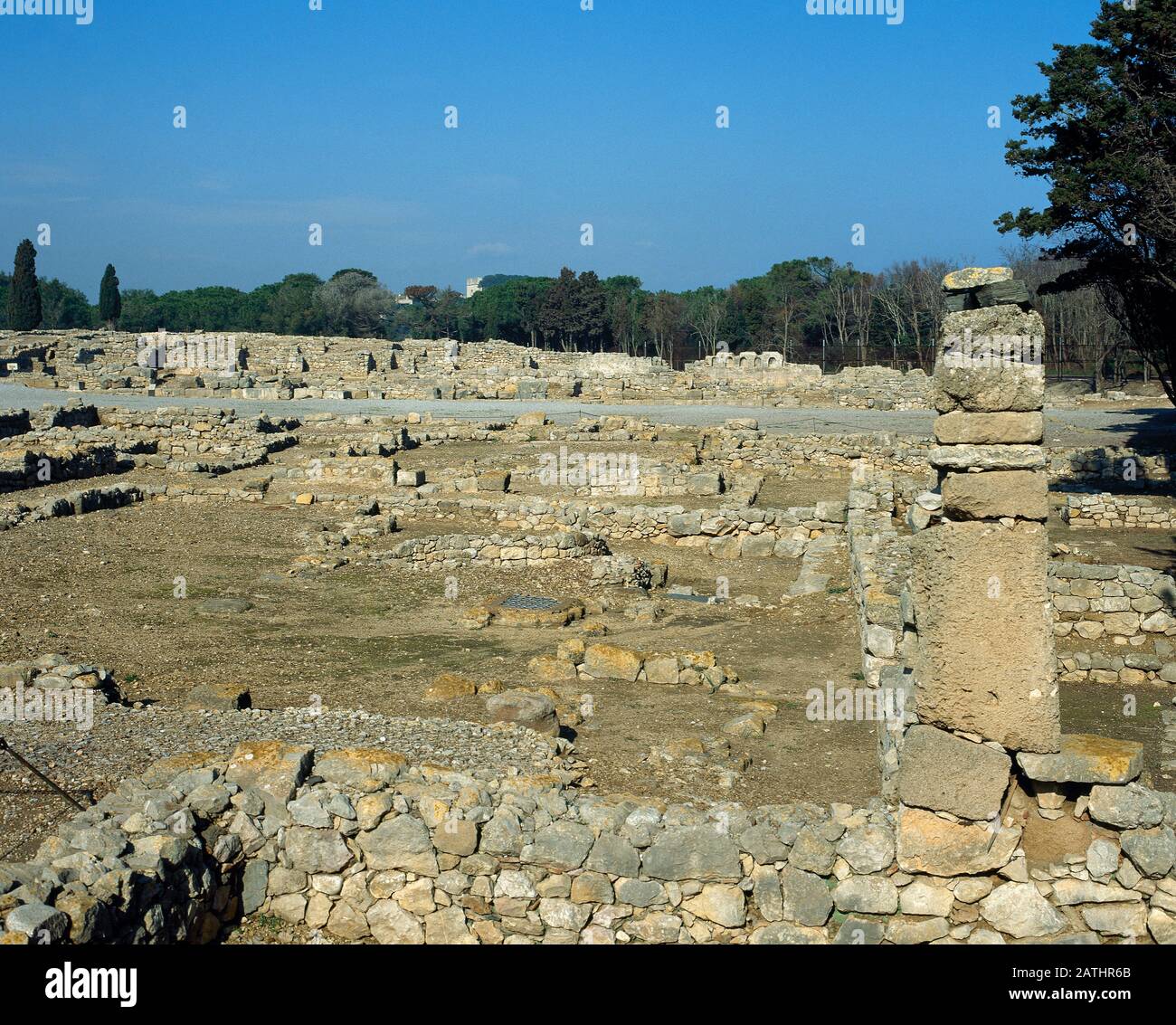 Espagne, Catalogne, Province De Gérone, Empuries. Neapolis Grec. Le Peristyle Domus. Ruines. Banque D'Images