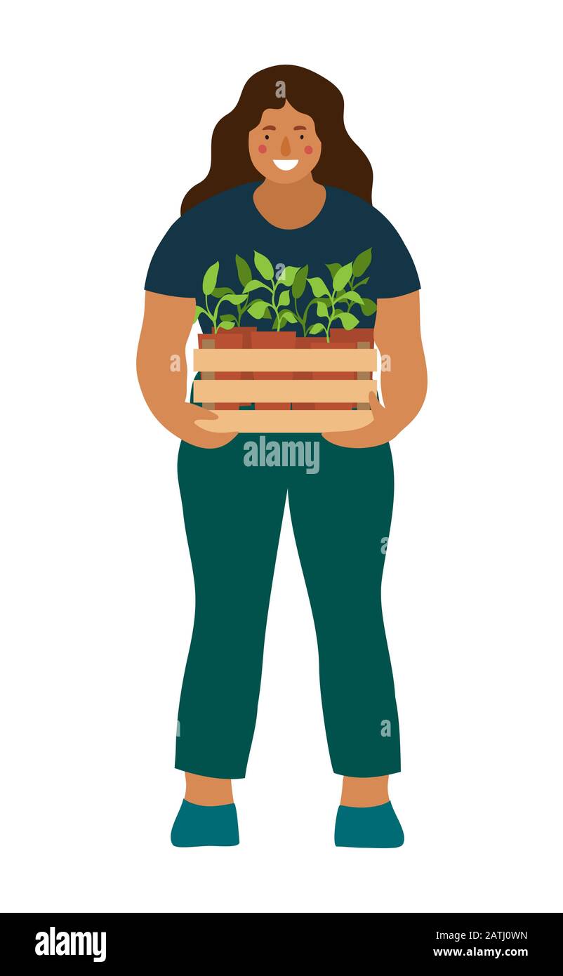 Femme souriante tenant une boîte avec des plantules de jardin. Illustration de la bande dessinée isolée Illustration de Vecteur