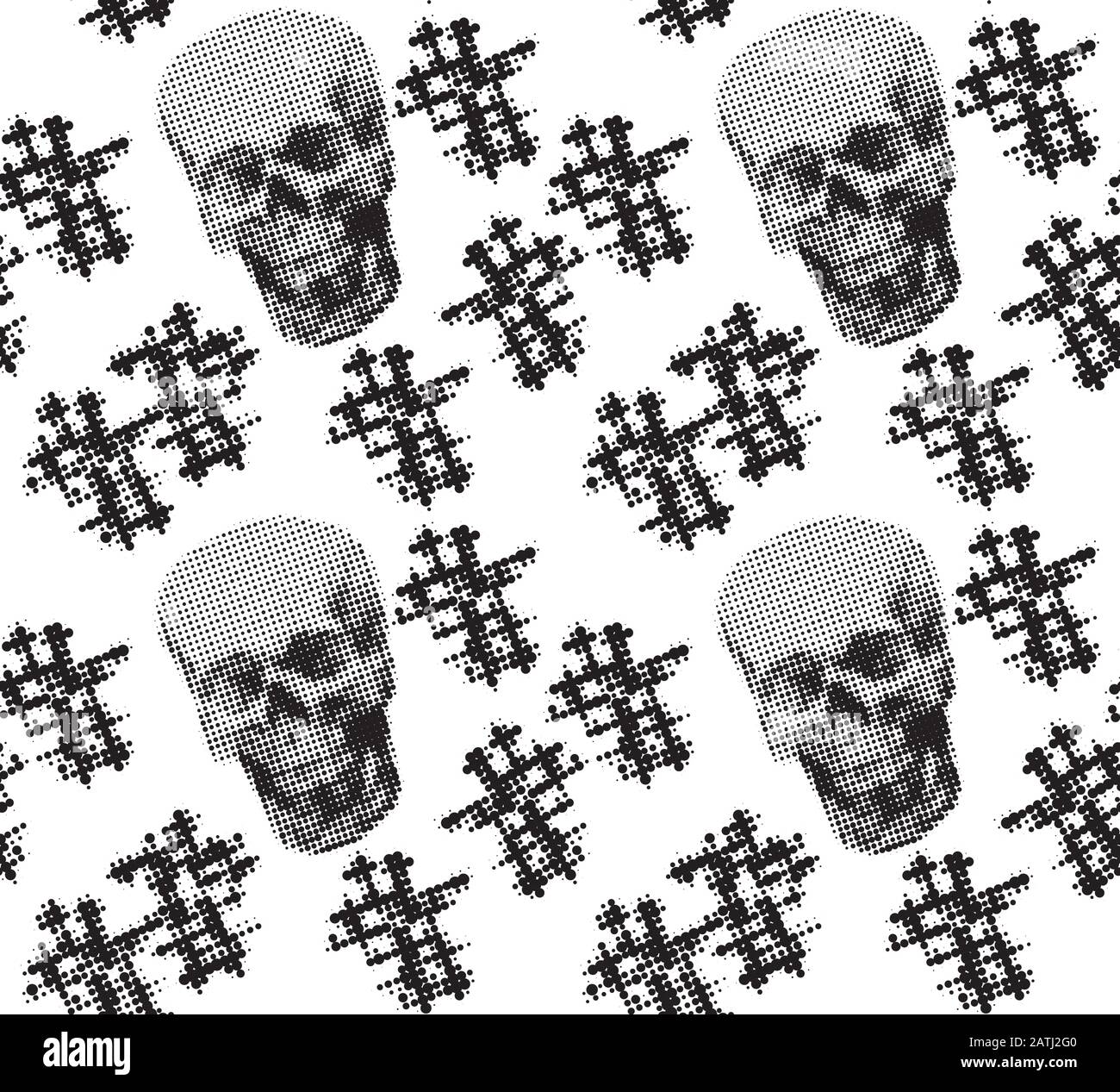Crâne humain gothique demi-ton sans coutures pour Dia de muertos, jour des morts, vêtements, tissu. Croix noires, crânes sur fond blanc Illustration de Vecteur