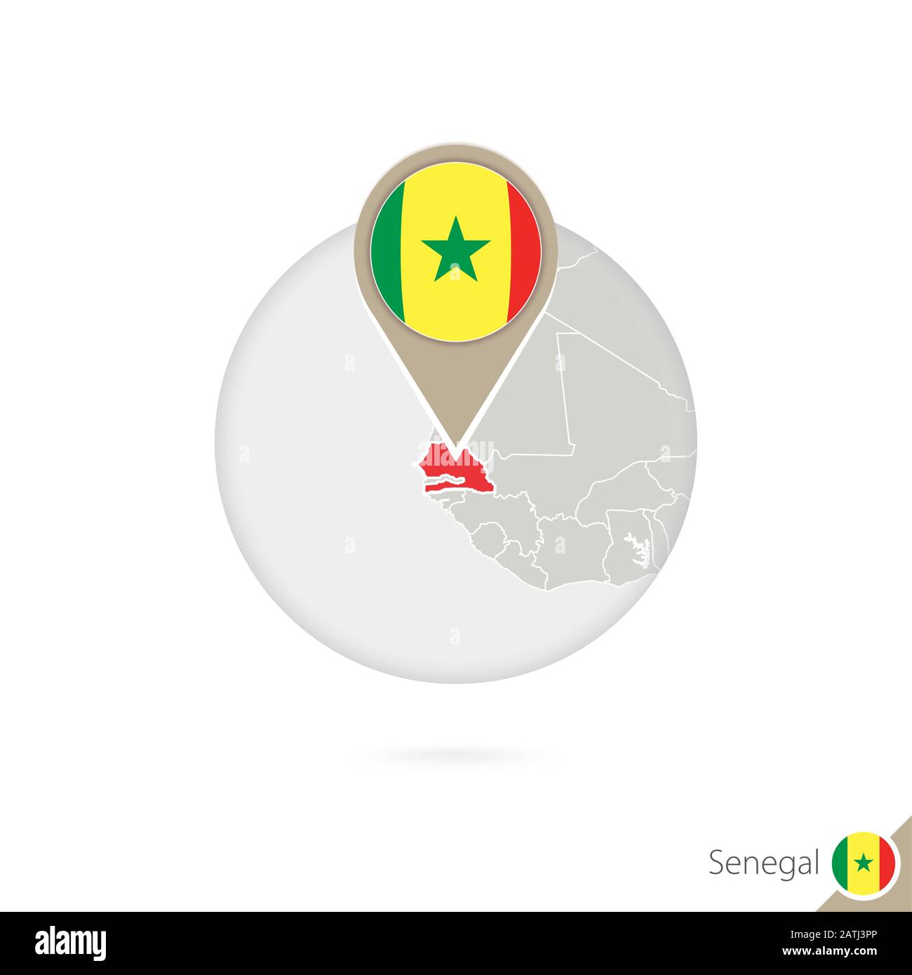 Carte et drapeau du Sénégal en cercle. Carte du Sénégal, broche du drapeau du Sénégal. Carte du Sénégal dans le style du globe. Illustration Vectorielle. Illustration de Vecteur