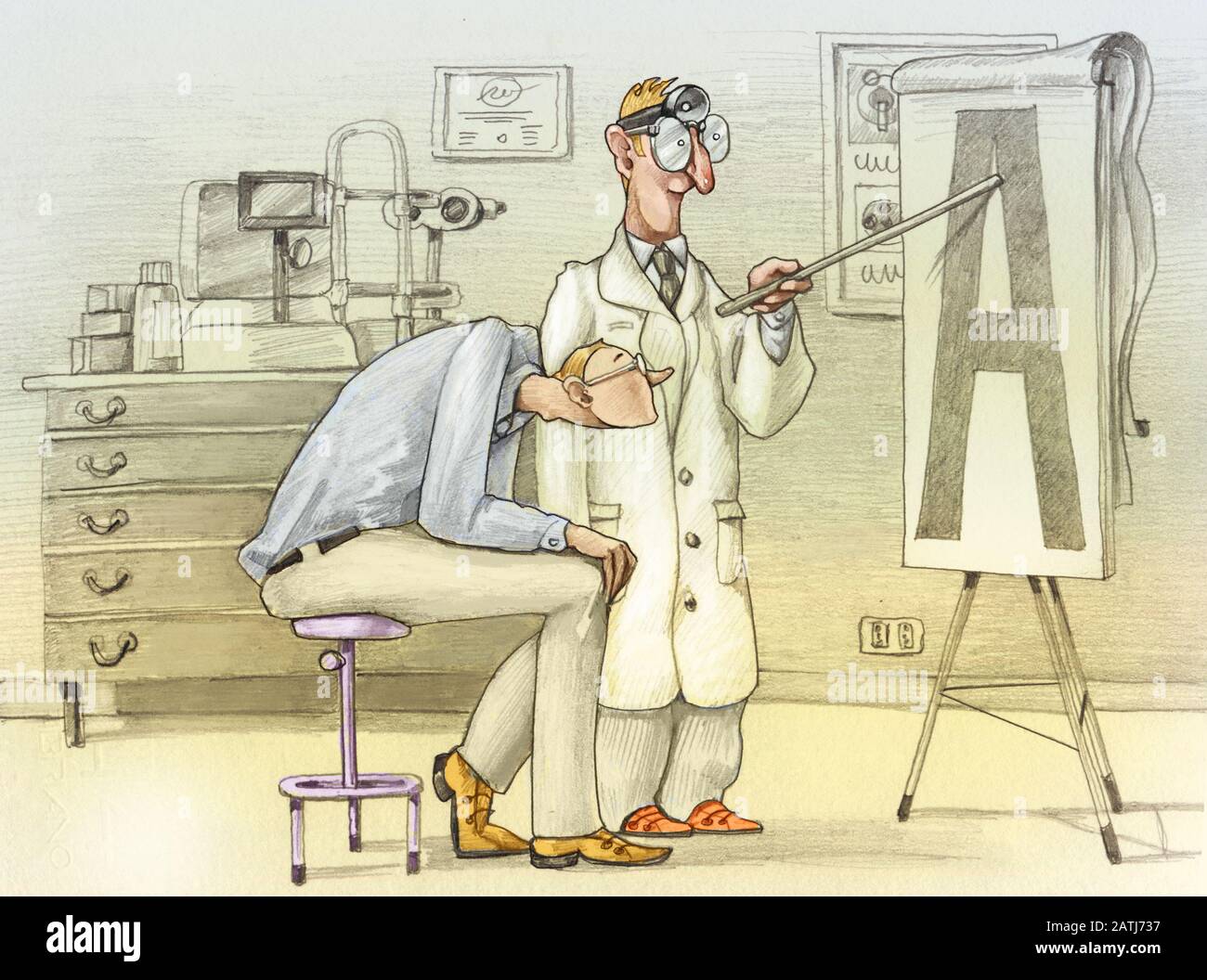 l'homme myope fait un contrôle de l'ophtalmologiste qui a aussi des problèmes d'oeil et de lire un tableau de bord avec une énorme lettre humoristique illustration crayon Banque D'Images