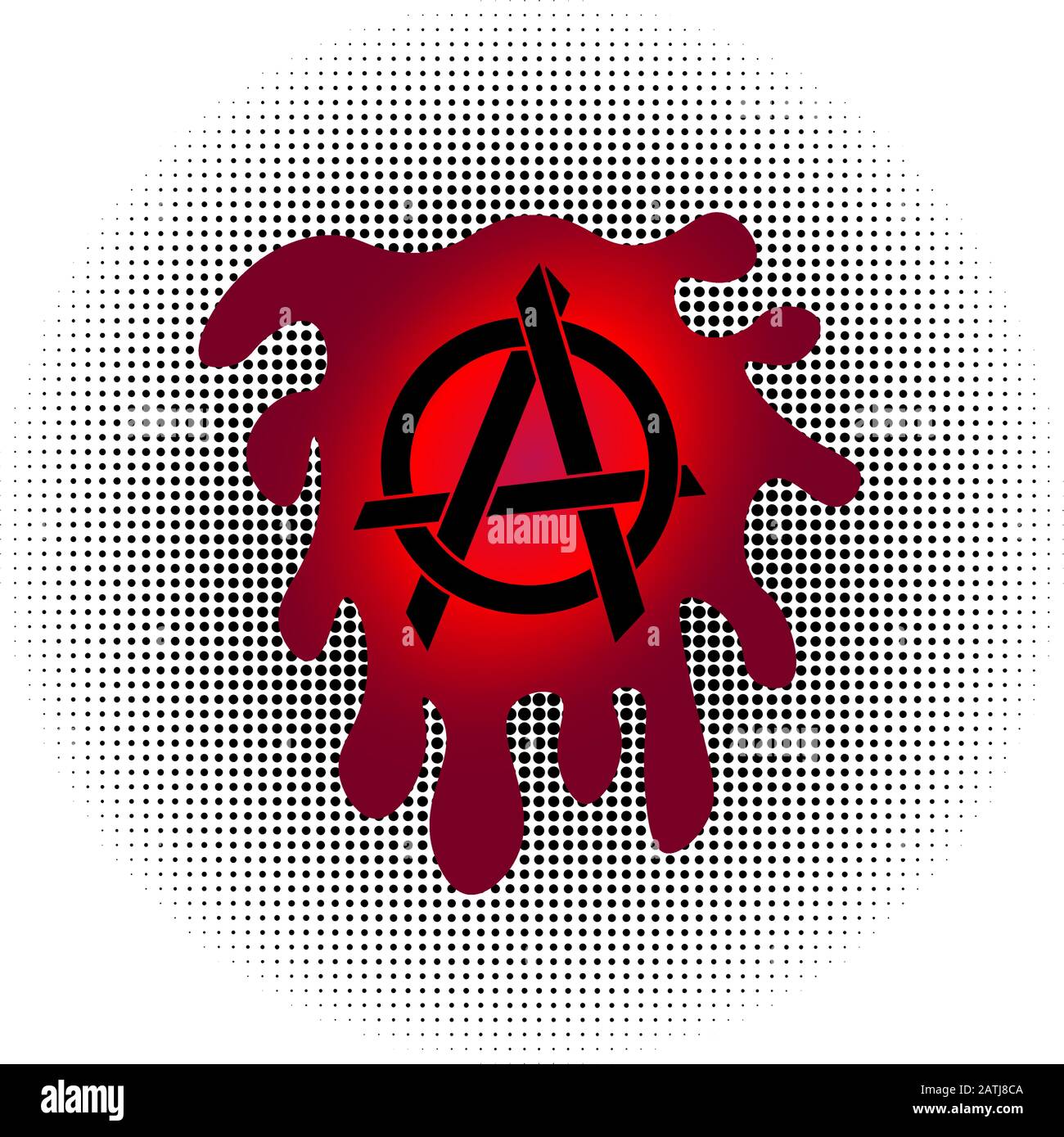 Signe D'Anarchie Noire Avec Gouttes De Sang Dans Fond D'Halftone Radial, Splatters De Peinture Sanguine De Sentier, Liquide De Goutte, Fichier Vectoriel Eps 10 Illustration de Vecteur