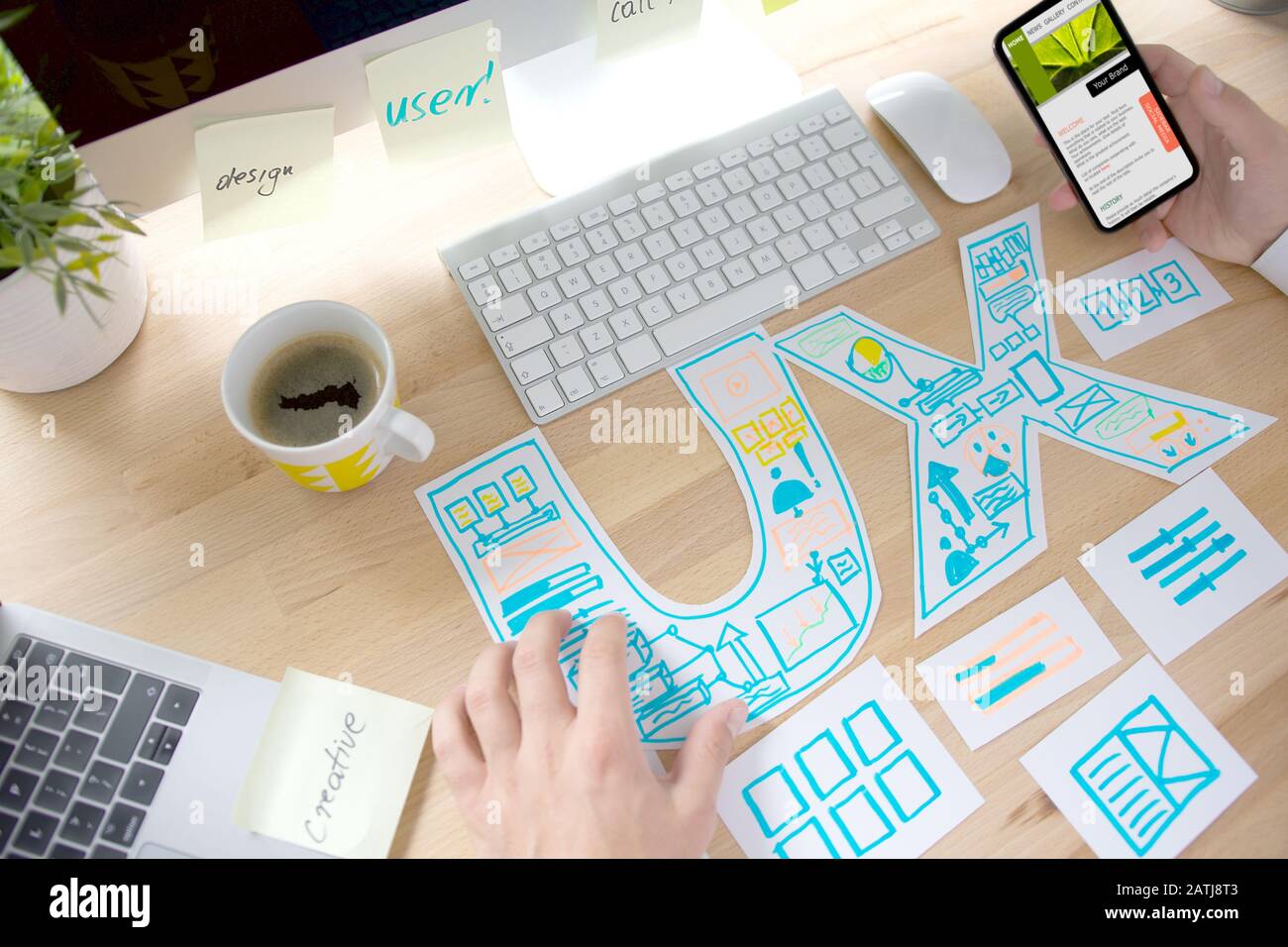 UX Graphic designer créatif esquisse planification application processus développement prototype filaire pour téléphone mobile web . Concept d'expérience utilisateur. - Ima Banque D'Images