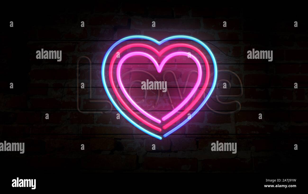 Symbole de coeur symbole néon sur mur de brique. Ampoules avec amour romantique, datation, cardiologie, santé et émotions. Concept abstrait, illustration 3d. Banque D'Images