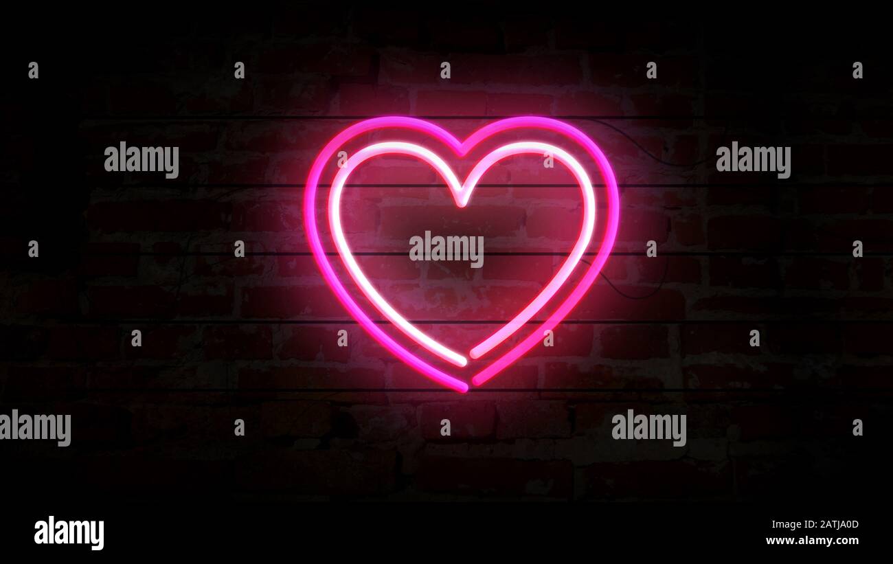Symbole de coeur symbole néon sur mur de brique. Ampoules avec amour romantique, datation, cardiologie, santé et émotions. Concept abstrait, illustration 3d. Banque D'Images