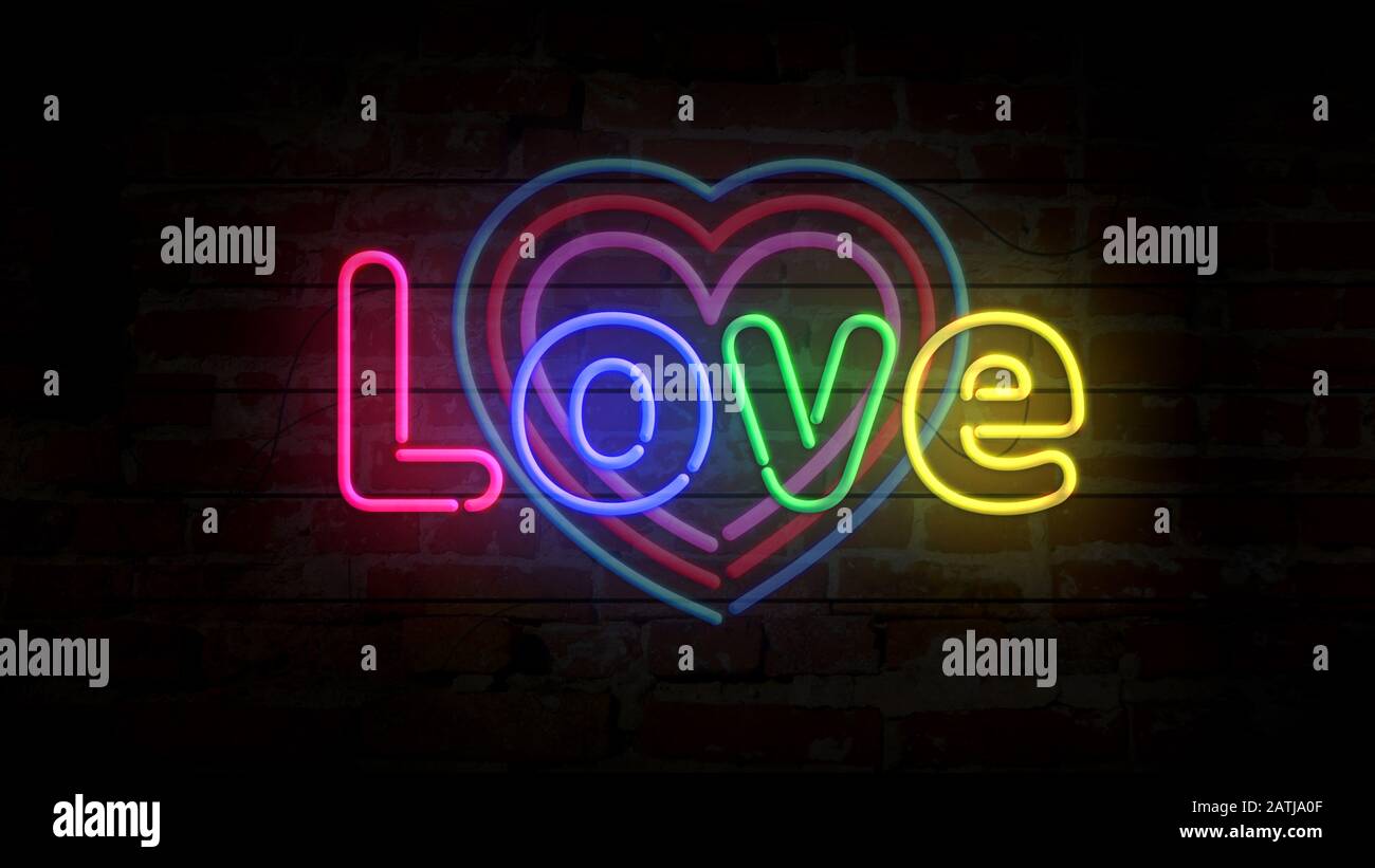 Symbole de coeur symbole néon sur mur de brique. Ampoules avec amour romantique, datation, cardiologie, santé et émotions. Concept abstrait, illustration 3d. Banque D'Images