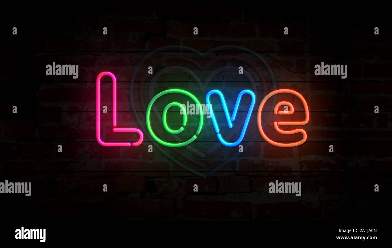 Symbole de coeur symbole néon sur mur de brique. Ampoules avec amour romantique, datation, cardiologie, santé et émotions. Concept abstrait, illustration 3d. Banque D'Images