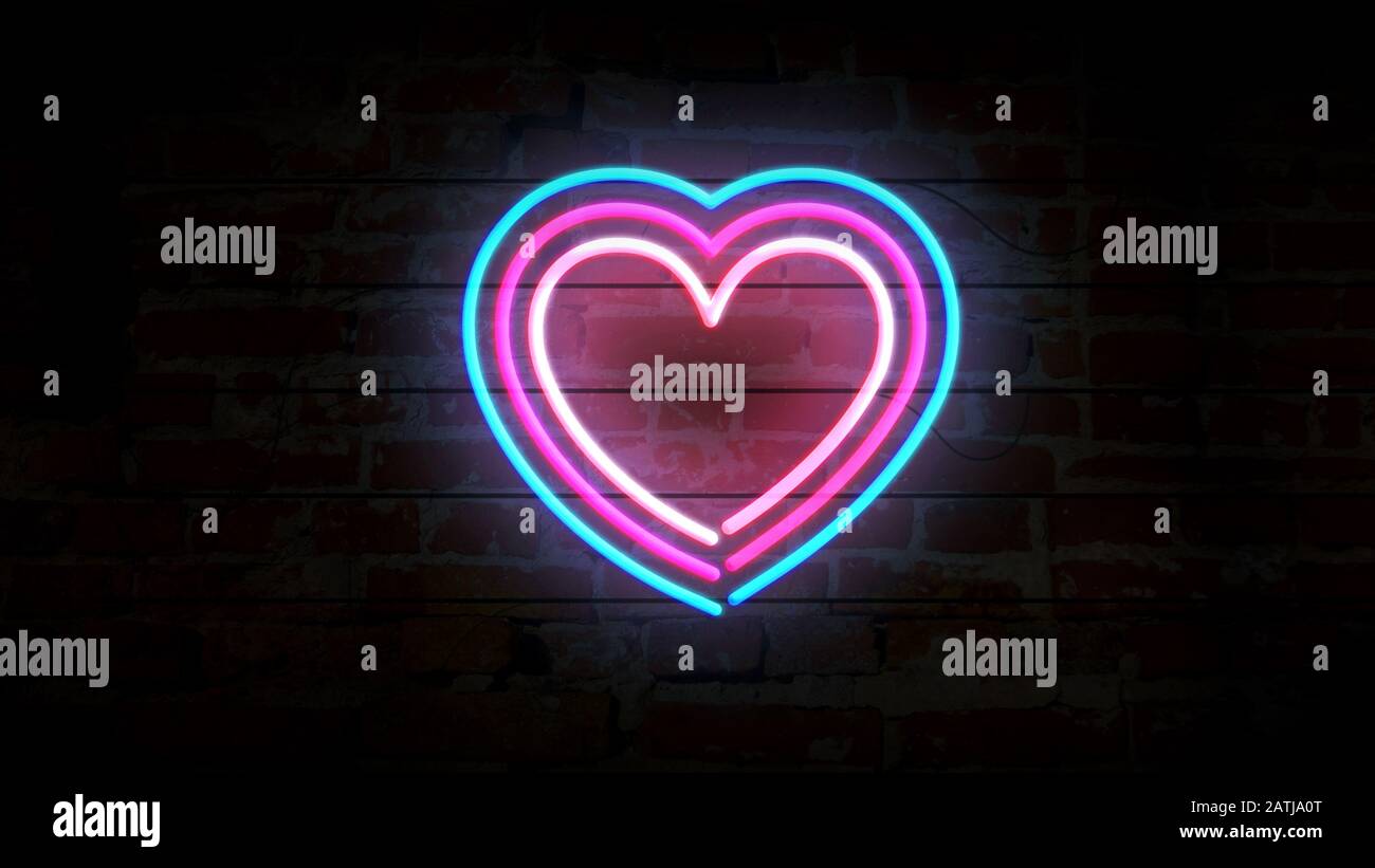 Symbole de coeur symbole néon sur mur de brique. Ampoules avec amour romantique, datation, cardiologie, santé et émotions. Concept abstrait, illustration 3d. Banque D'Images