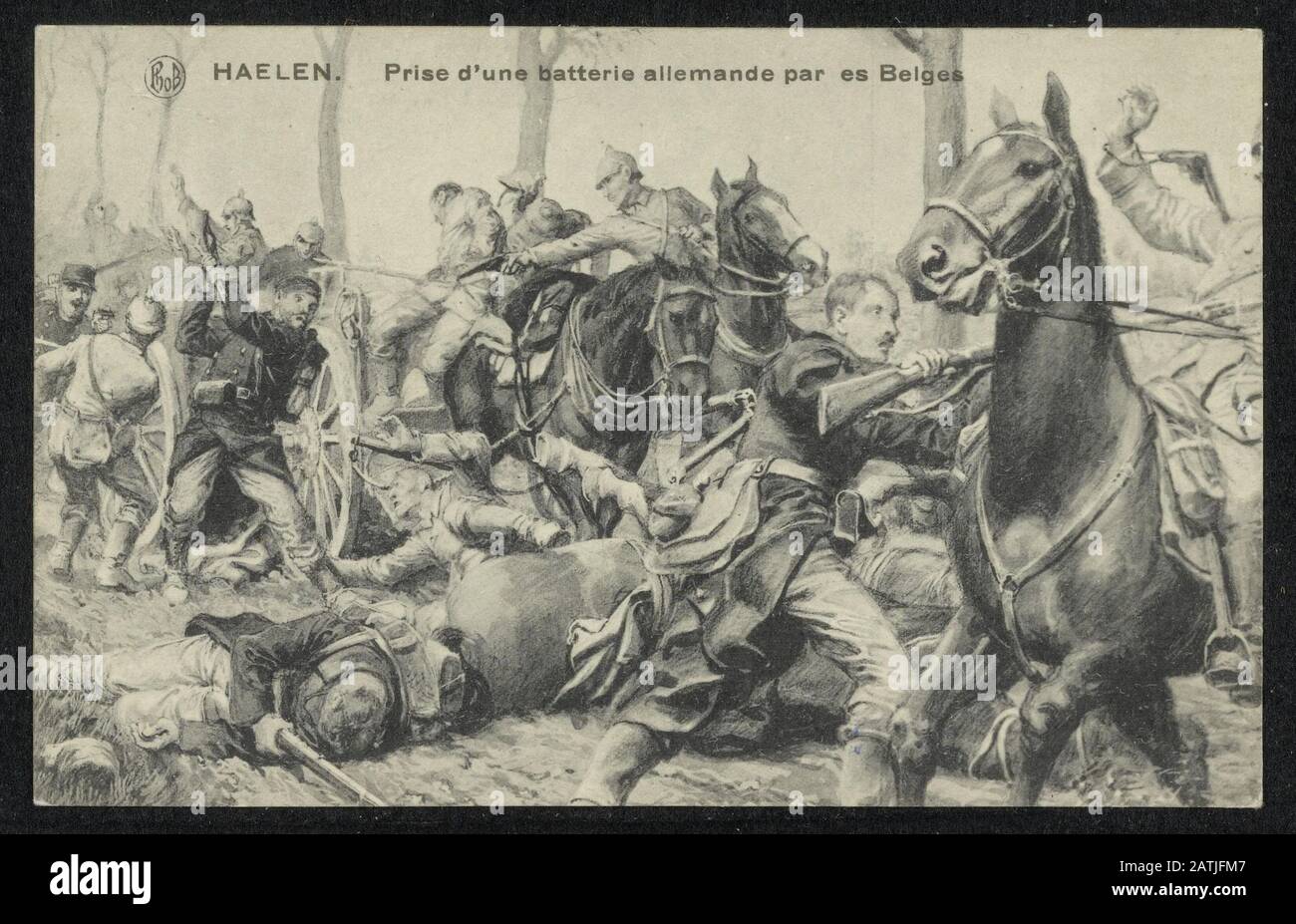 Description: Haelen. Prix d'une batterie allemand par les Belges / Haelen. Une batterie allemande prise par Belges Annotation: Cartes postales. Dessin. Date: 1914 lieu: Belgique, Halen mots clés: Cavalerie premier front de guerre mondiale, lutte Banque D'Images