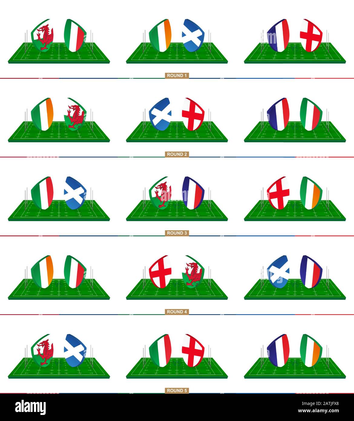 Équipe de rugby Pays de Galles, Italie, Irlande, Ecosse, France, Angleterre sur terrain de rugby vert, équipes de rugby de championnat. Illustration de Vecteur