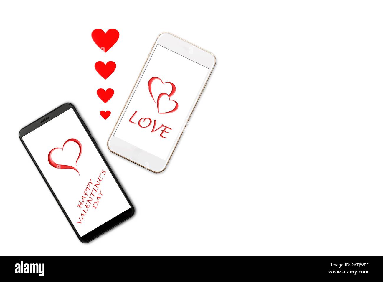 Concept de Saint-Valentin, message d'amour - coeurs sortant du smartphone, isolé sur fond blanc, salutation sur l'écran du smartphone Banque D'Images