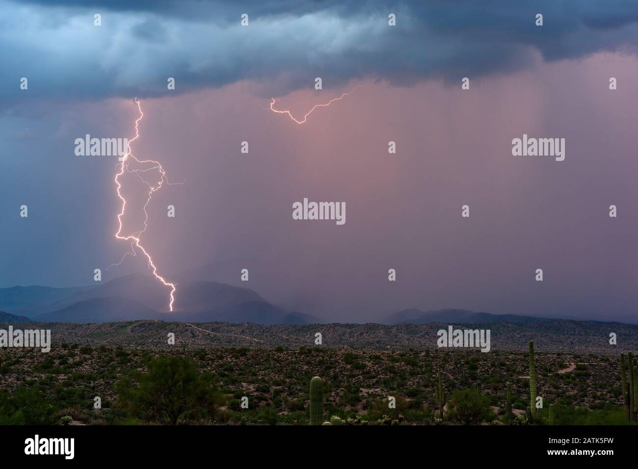 Éclair frappant la chaîne de montagnes des quatre sommets lors d'un orage de mousson dans le désert de l'Arizona Banque D'Images