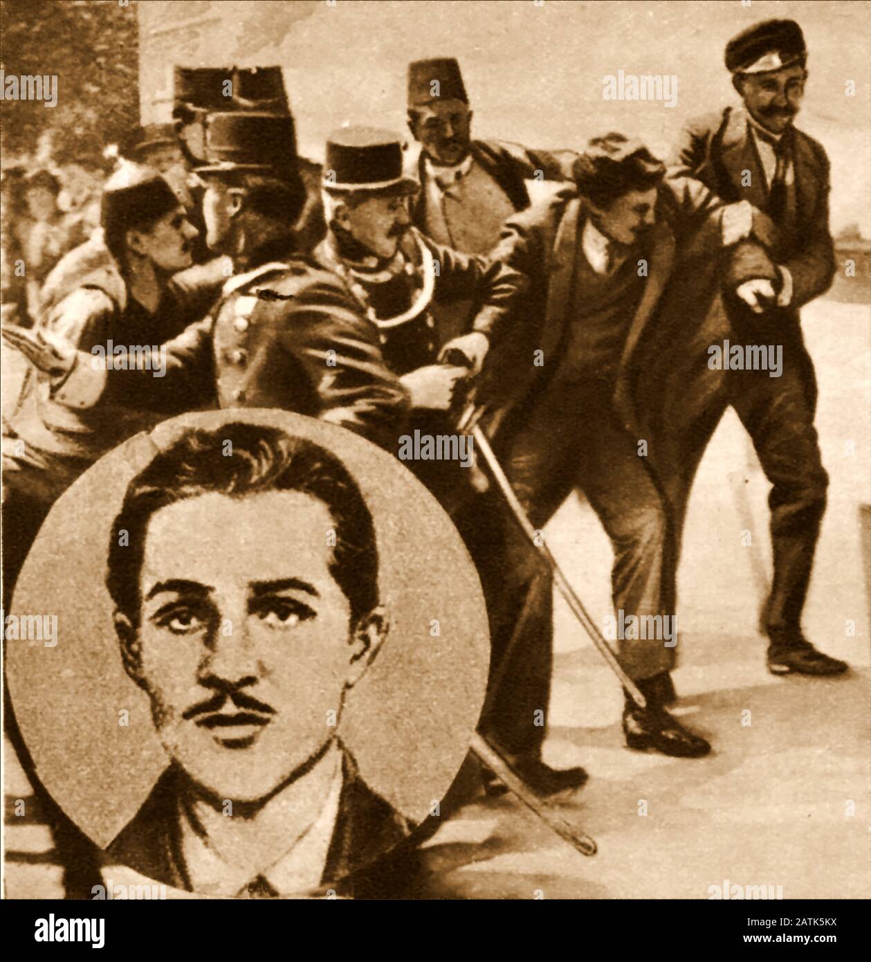 Portrait de Gavrilo Prinzip et photo de son arrestation pour l'assassinat d'Archiduc Ferdinand (1894-1918). Il était un serbe bosniaque de 19 ans qui était membre de la "Jeune Bosnie", un mouvement qui cherchait à mettre fin au régime austro-hongrois en Bosnie-Herzégovine. A Sarajevo, le 28 juin 1914, il assassine l'Archiduc Franz Ferdinand d'Autriche et sa femme Sophie, Duchesse d'Hohenberg. Banque D'Images