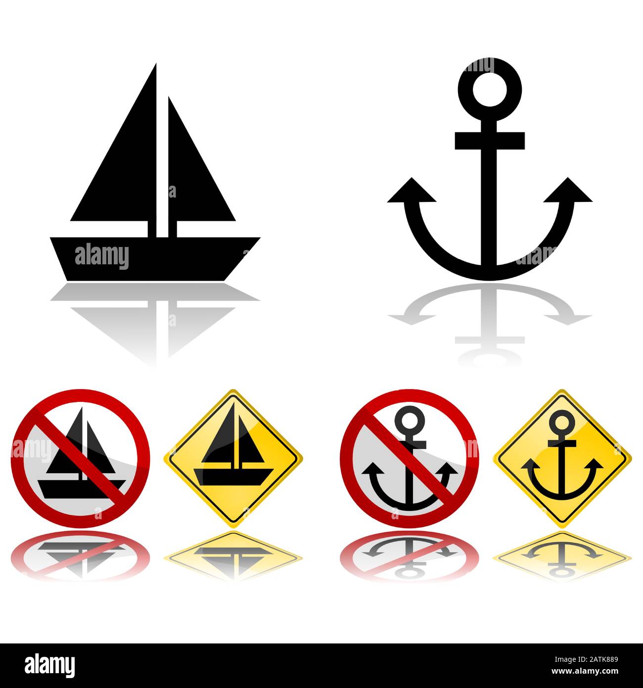 Ensemble d'icônes montrant un bateau et une ancre, par eux-mêmes ou dans les panneaux de signalisation Illustration de Vecteur