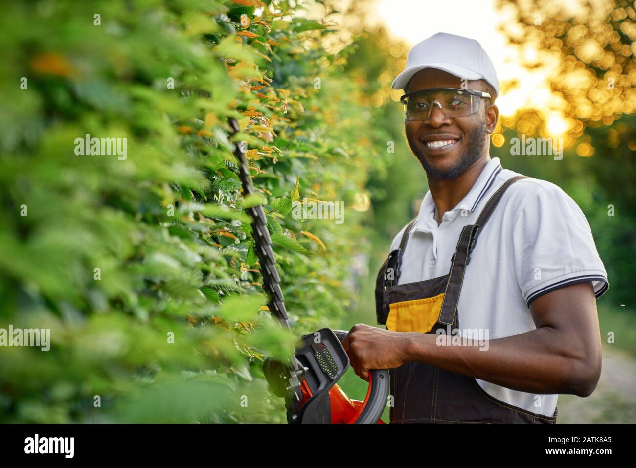 Un homme africain heureux portant des vêtements spéciaux et des lunettes de protection coupantes à buissons avec un taille-haie à essence. Jardinier masculin et gai dans l'ensemble en utilisant des outils de jardinage pour les plantes Banque D'Images