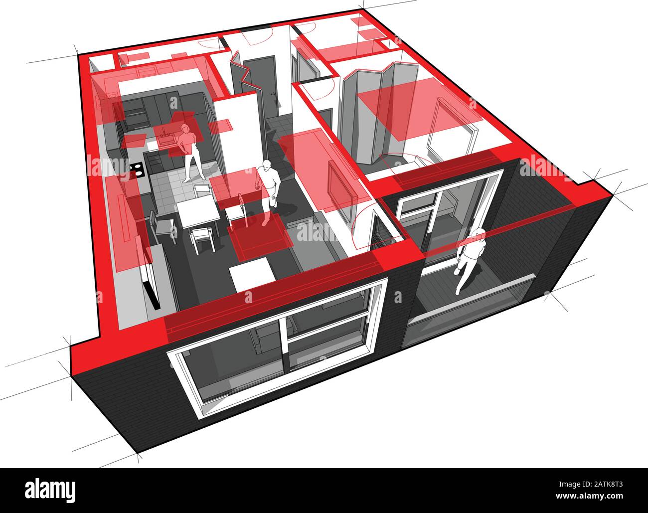 Schéma en coupe de la perspective d'un appartement d'une chambre à coucher entièrement meublé avec plan d'étage au-dessus de fond rouge Illustration de Vecteur