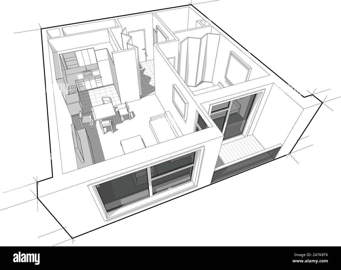 Schéma en coupe de la perspective d'un appartement d'une chambre à coucher entièrement meublé Illustration de Vecteur