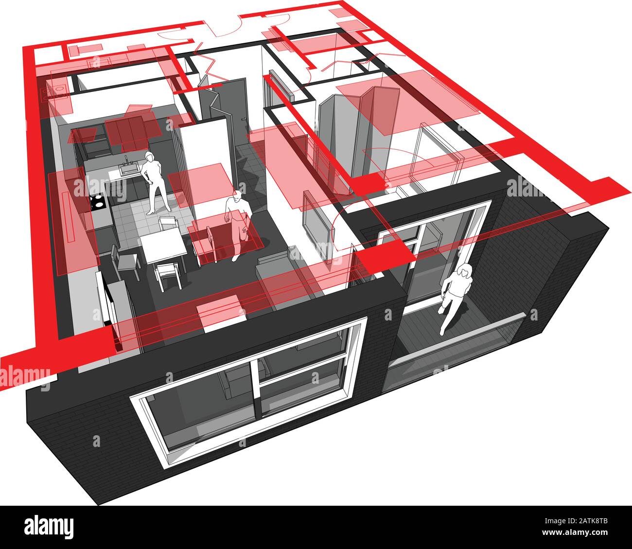 Schéma en coupe de la perspective d'un appartement d'une chambre à coucher entièrement meublé avec plan d'étage au-dessus de fond rouge Illustration de Vecteur