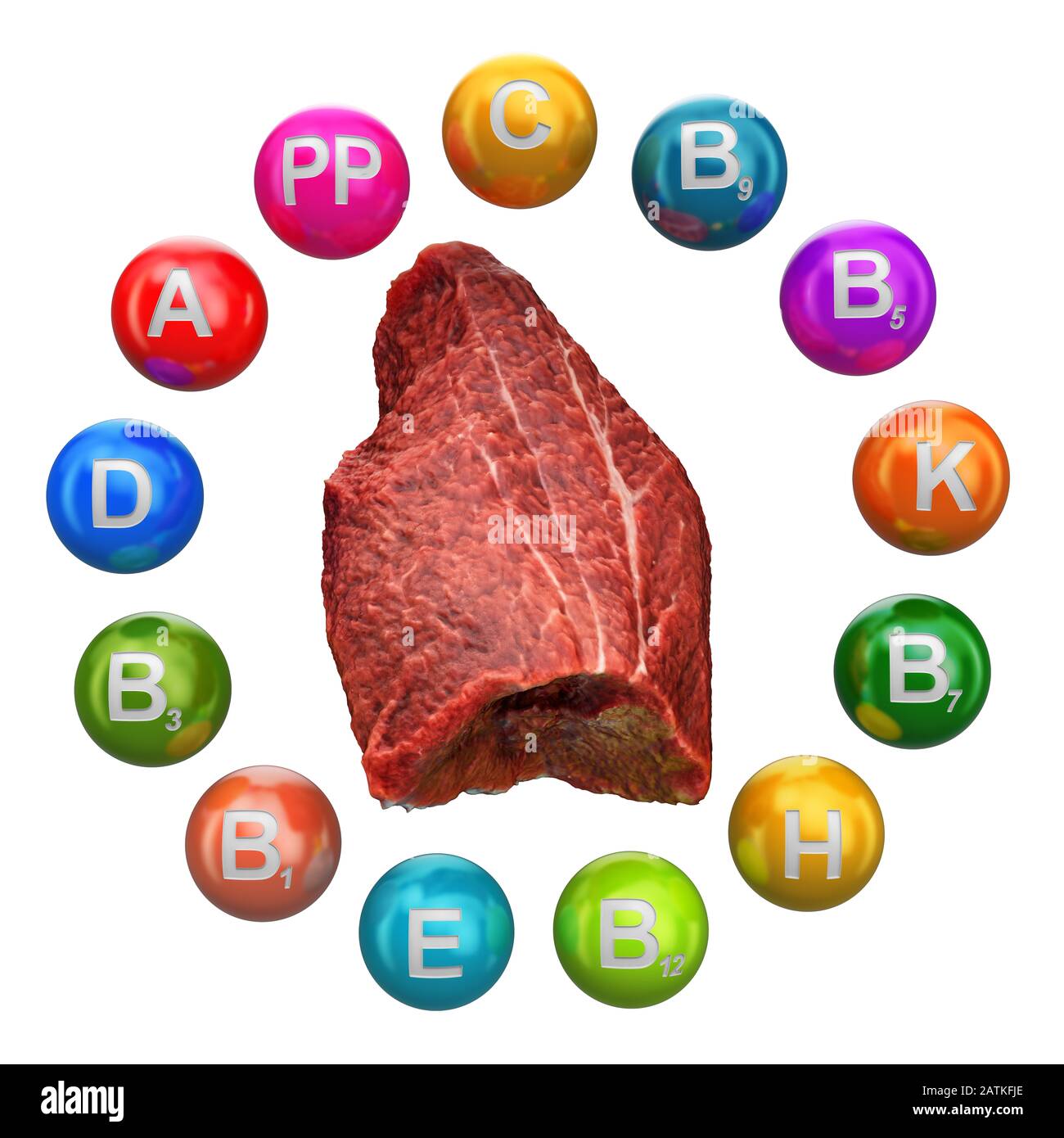 Vitamines dans la viande de boeuf, rendu tridimensionnel isolé sur fond blanc Banque D'Images