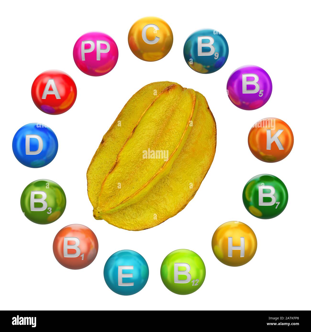 Vitamines du carambola, rendu tridimensionnel isolé sur fond blanc Banque D'Images