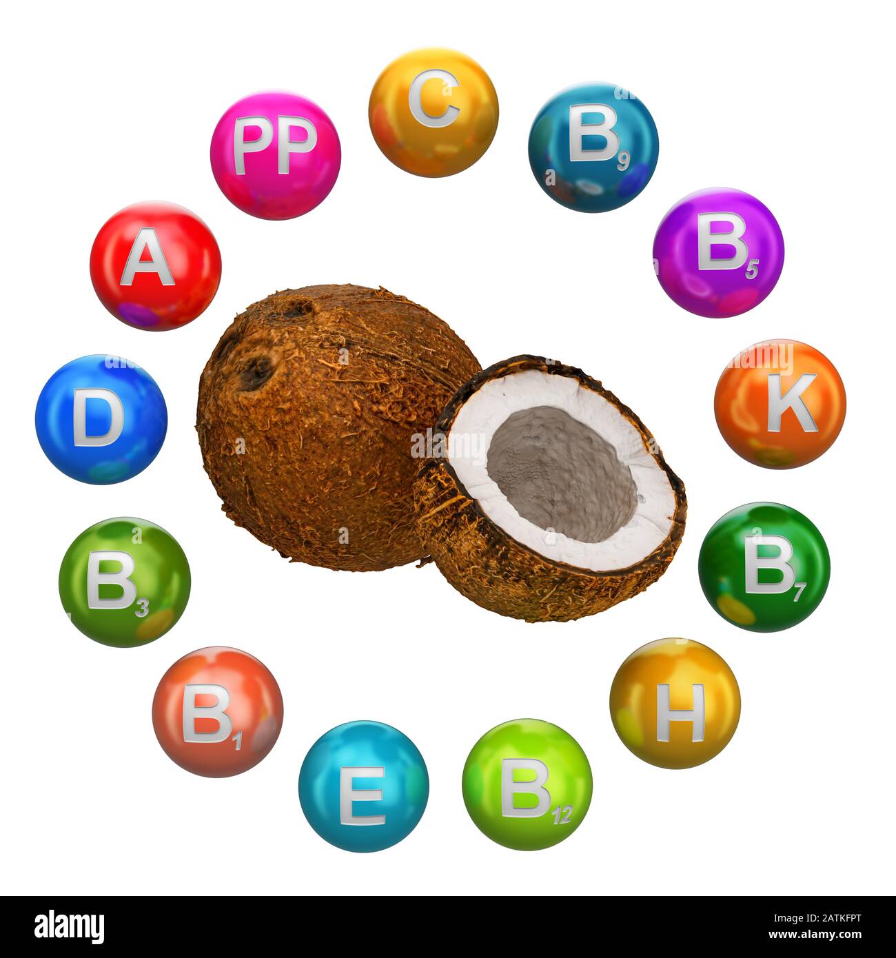 Vitamines en noix de coco, rendu tridimensionnel isolé sur fond blanc Banque D'Images