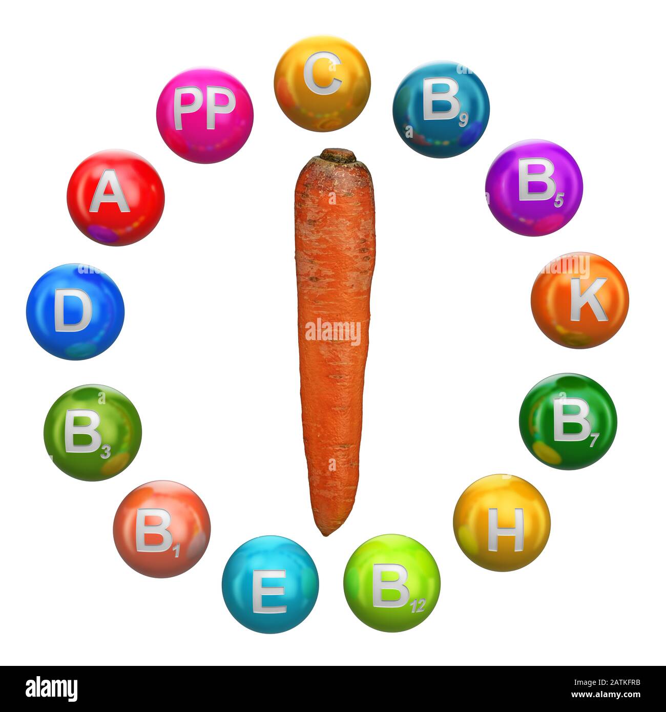 Vitamines dans la carotte, rendu tridimensionnel isolé sur fond blanc Banque D'Images