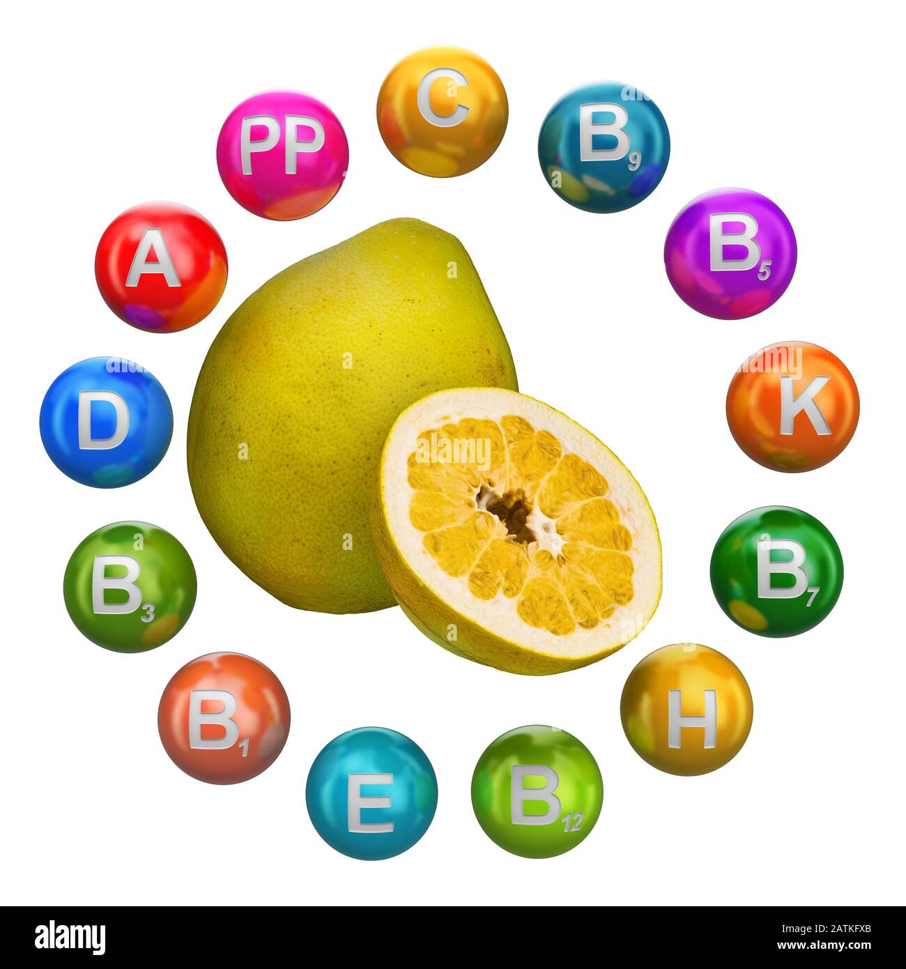 Vitamines en pomelo, rendu tridimensionnel isolé sur fond blanc Banque D'Images