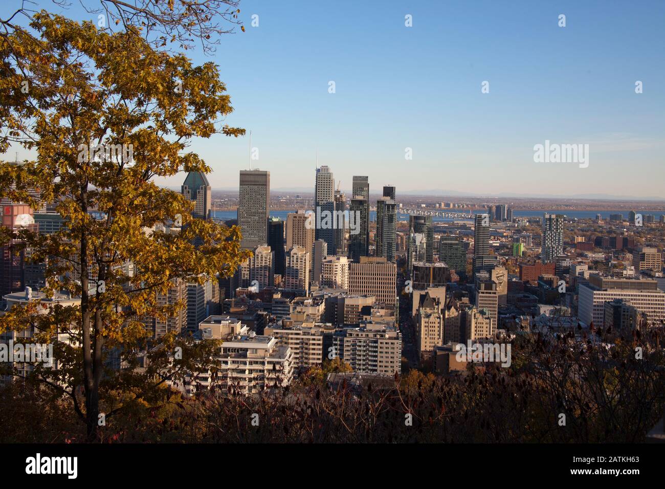 Vue sur le centre-ville de Montréal depuis le chalet Mont-Royal Banque D'Images